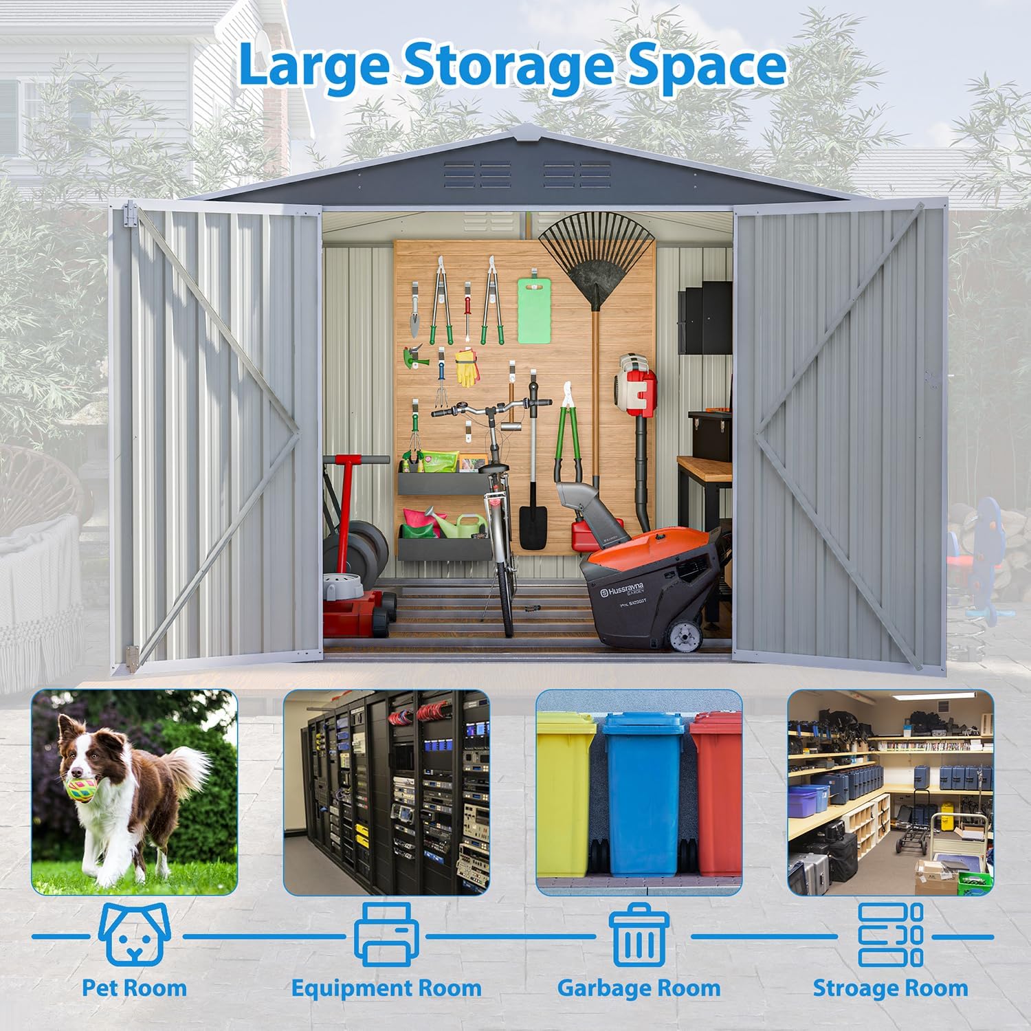 8x6 ft Outdoor Waterproof Metal Storage Shed with Foundation Floor Frame, Lockable Hinged Doors & Air Vents, All Weather Garden Tool Shed for Backyard Lawn, Galvanized Steel - Grey