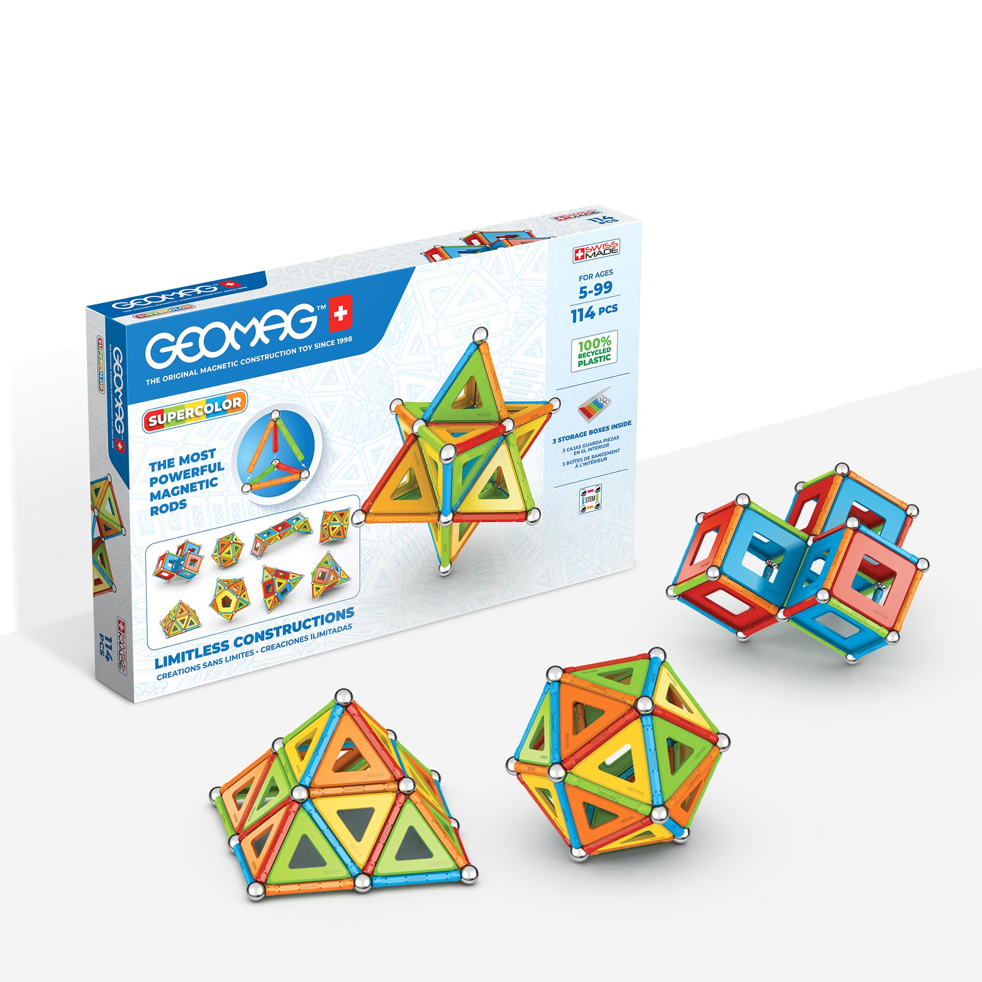Geomag - Classic Supercolor RE 114 Pezzi, Costruzioni Magnetiche per Bambini Geometriche con Barrette e Pannelli Colorati, Giochi Bambini 5 Anni +, Gioco STEM Educativo, Idea Regalo Natale Compleanno