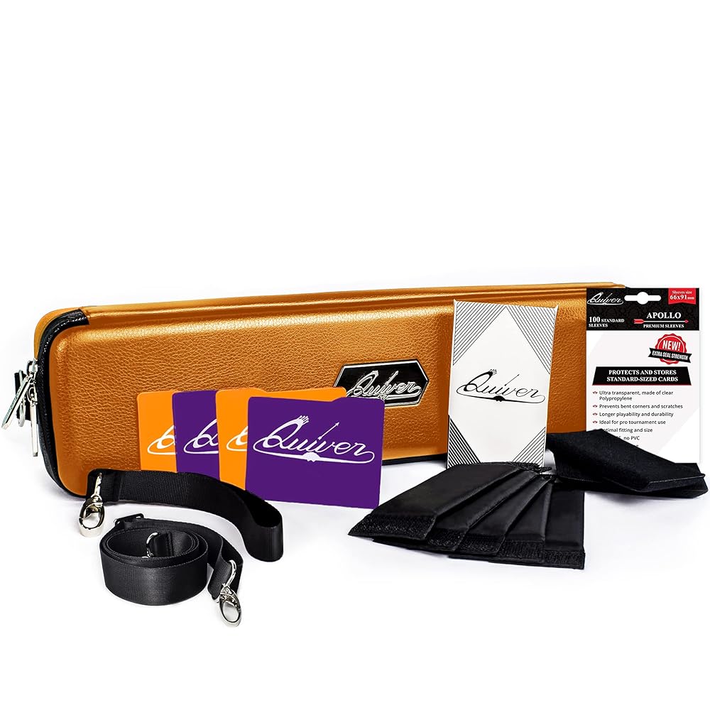 Quiver Time Orange Quiver Card Carrying Case - TCG Cards Deck Box Holder for Trading Cards, MTG Bag Playing Card Case (+Wrist & Shoulder Strap, Dividers, Separators, Corner Pads + 100 Apollo Sleeves)