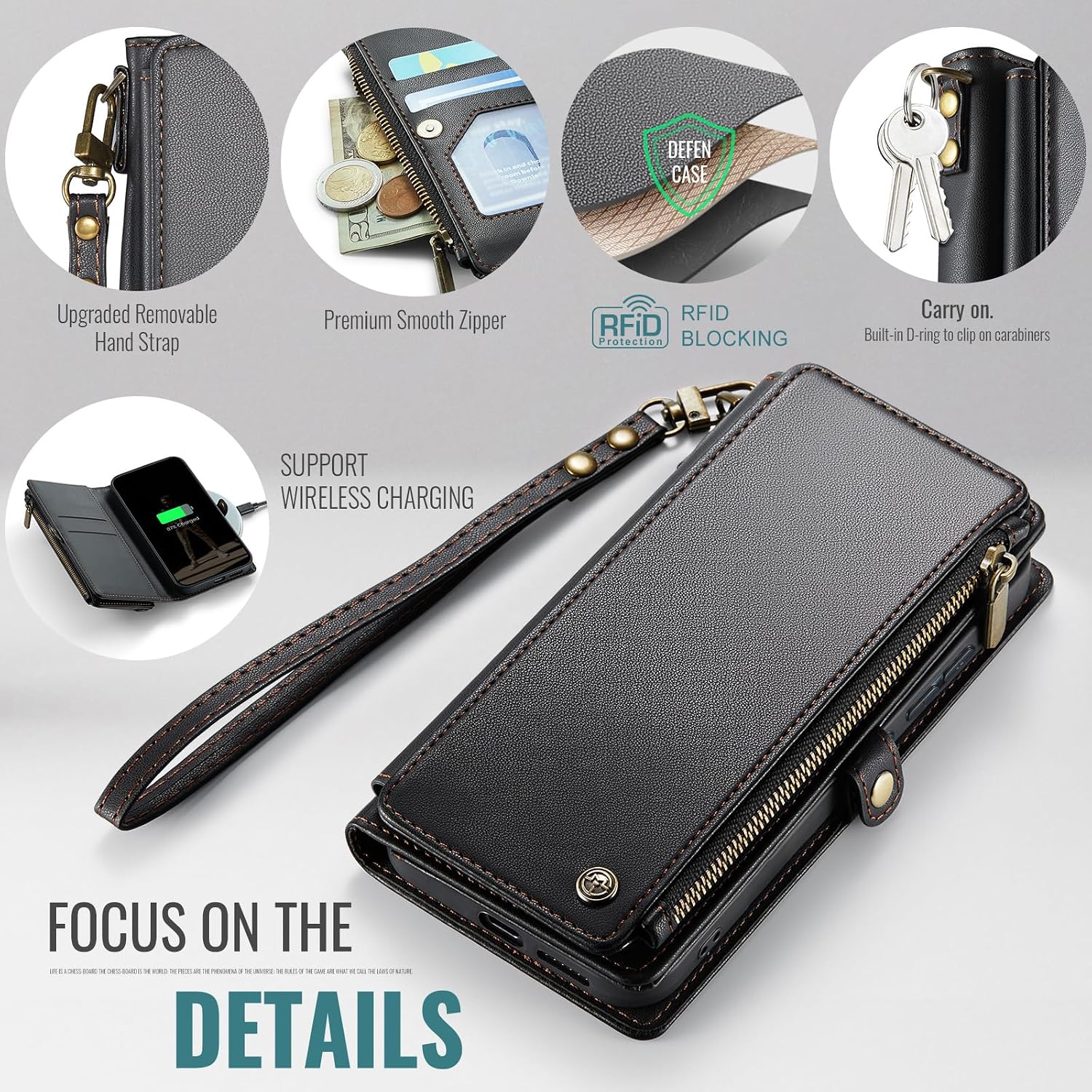 Defencase for Galaxy S25 Case Wallet with RFID Blocking Card Holder for Women Men, Elegant PU Leather Magnetic Snap Flip Wristlet Strap Zipper Wallet Phone Cases for Samsung Galaxy S25 5G 6.2", Black