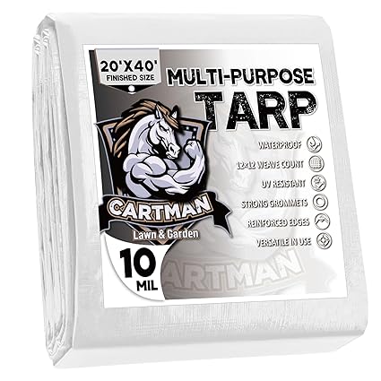 CARTMAN Finished Size 20x40 Feet 10 Mil Heavy Duty White Poly Tarp, Multipurpose Protective Cover, UV Resistant, Waterproof Poly Tarpaulin with Reinforced Edges Tarpaulin with Reinforced Edges
