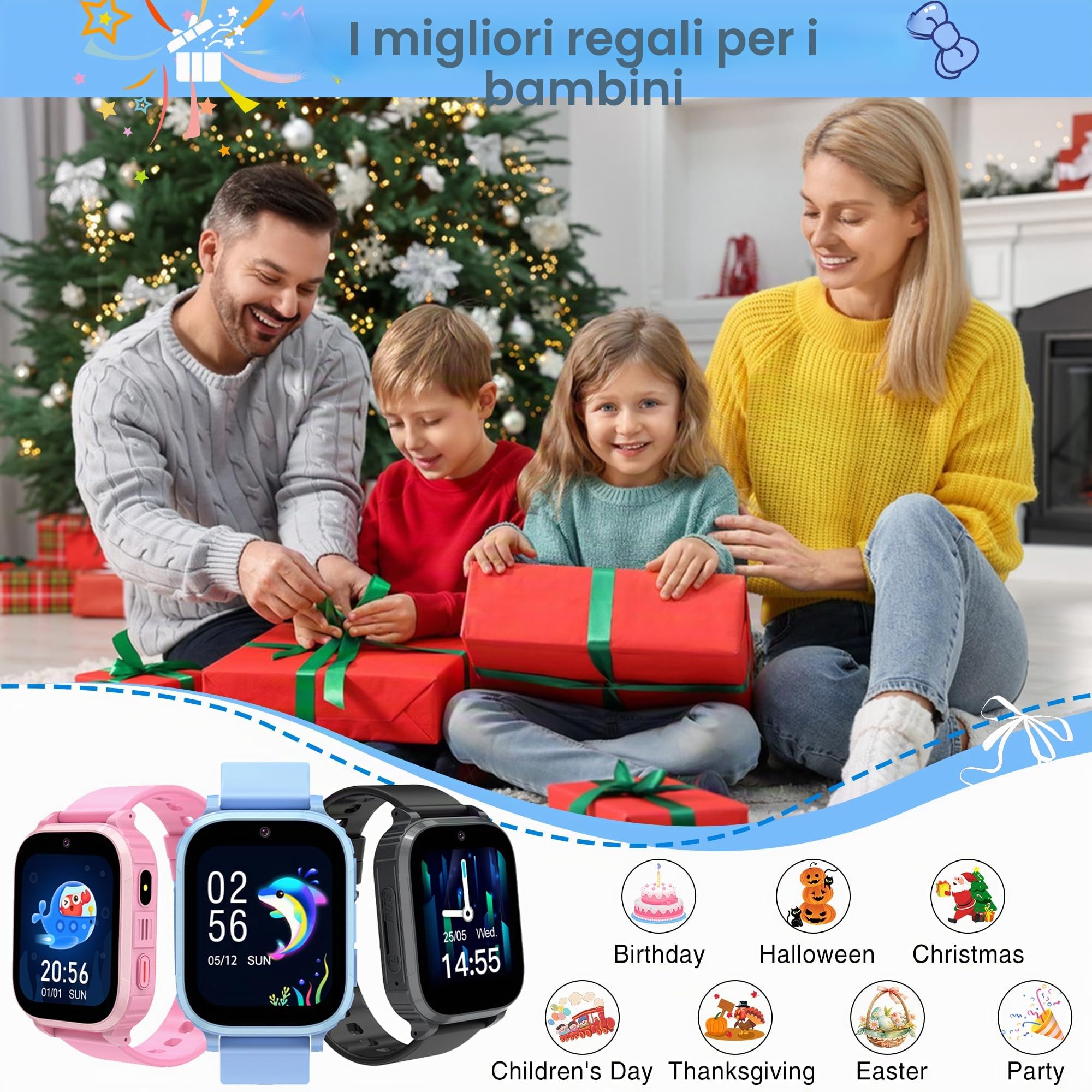 Smartwatch Bambini 4G GPS con SOS e Videochiamata HD, Impermeabile IP68 | Sveglia, giochi educativi, fotocamera, torcia e modalità scuola integrati. GPS preciso, zone sicure. Per 4-15 anni.