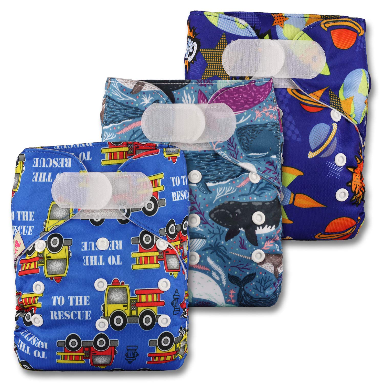 Littles & Bloomz, Reusable Pocket Cloth Nappy, Fastener: Hook-Loop, Set of 3, Patterns 311, with 3 Bamboo Charcoal Inserts