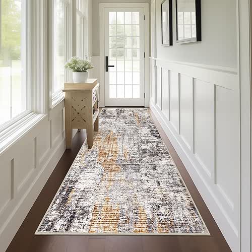 Capslpad 2x8 Black&Gold Abstract Hallway Runner, Ultra Soft Fabric Washable