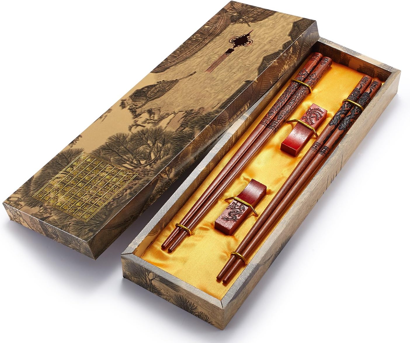Chopsticks Reusable- Chinese Style, Wooden Dragon and Phoenix Chopsticks with Holder and Carrying Bag, Chinese Gift Set Chopstick Set (2 Pairs)