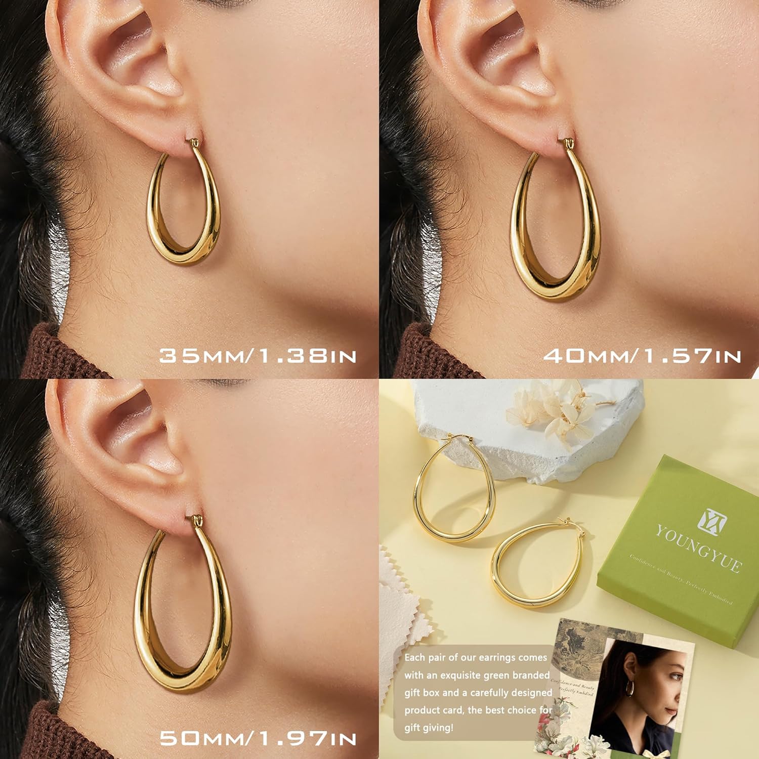 YOUNGYUE Gold Hoop Earrings for Women Hypoallergenic 14K Gold Plated Chunky Hoops Earrings Lightweight Oval Hoop Earring for Women 35/40/50mm - Image 5