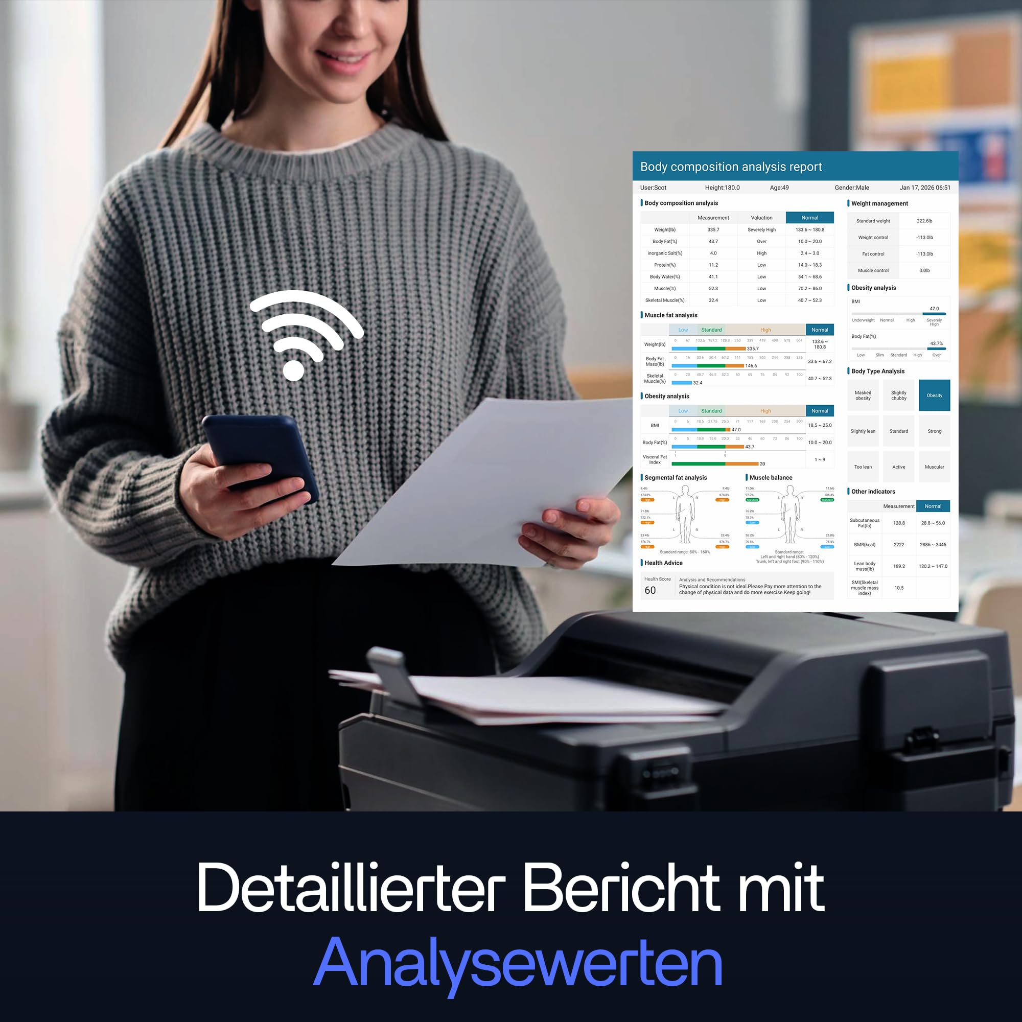 Körperanalyse-Waage – Smart Körperfettwaage mit 58 Gesundheitsmetriken, 8-Elektroden-Technologie, hochpräzise Messung, kostenlose App ohne Abo, Multi-User, Bluetooth & Reportfunktion