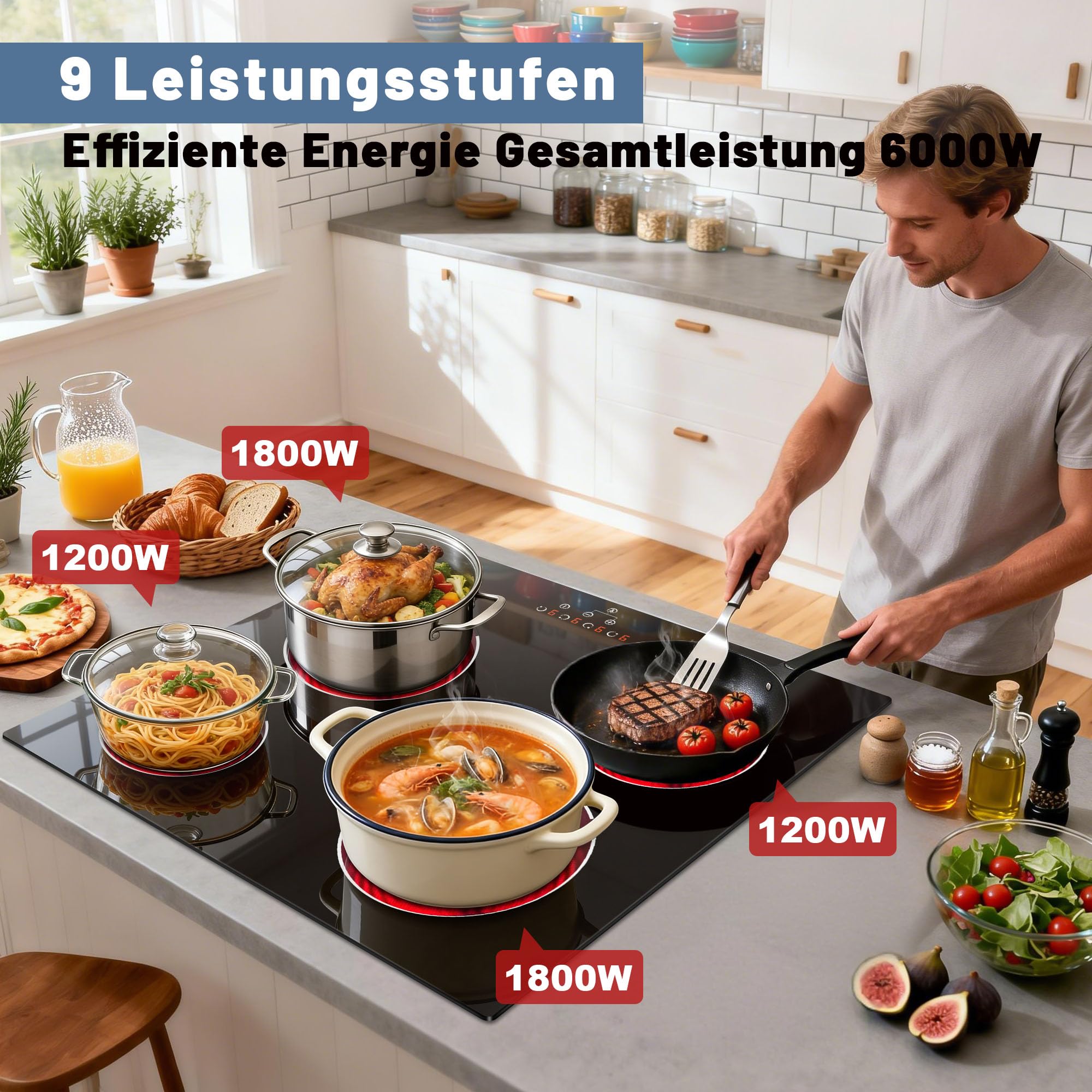 NOXTON Glaskeramikkochfeld 4 Platten 60 cm 9 Heizstufen Touch-Steuerung 220V-240V 6000W