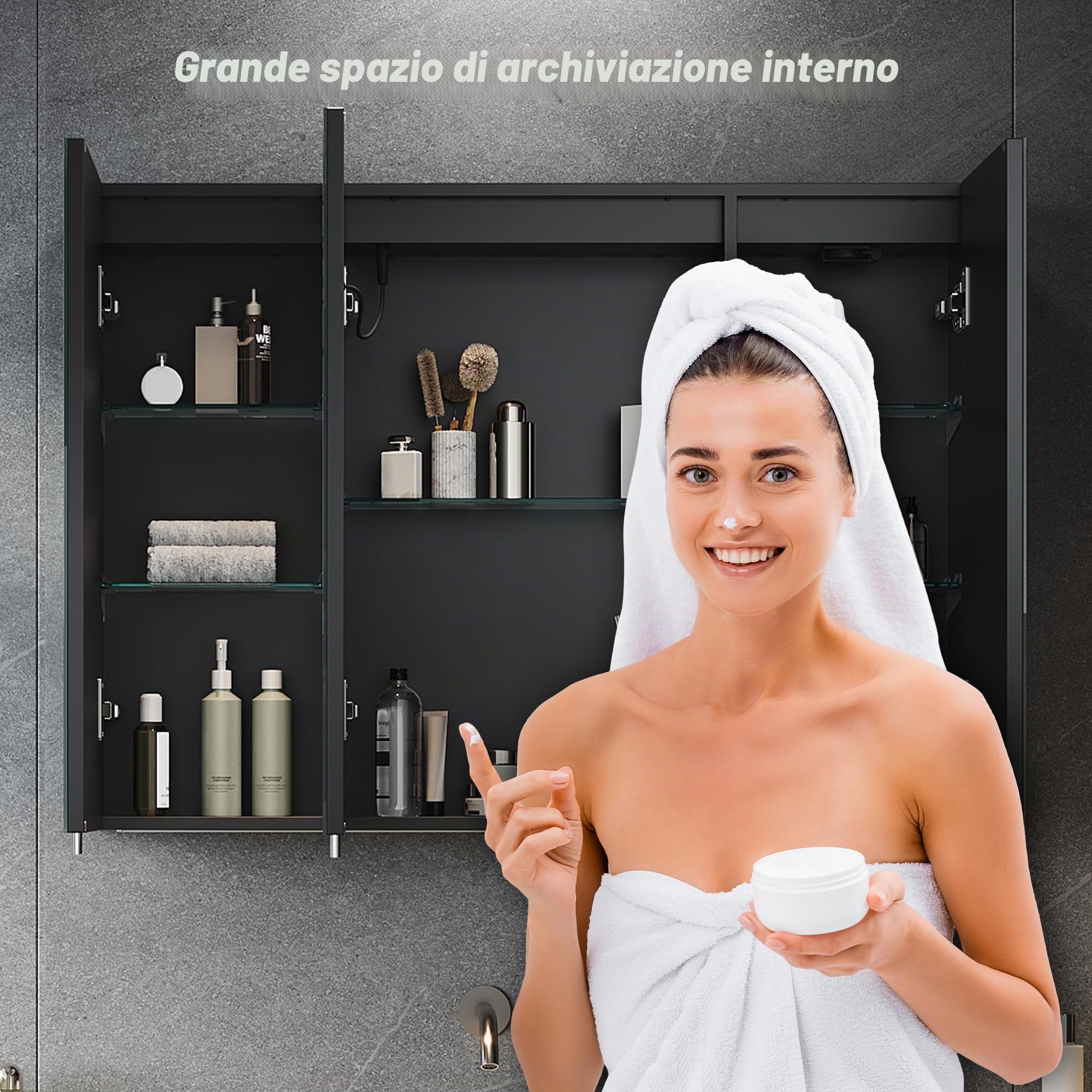 SONNI Armadietto a specchio da bagno con illuminazione e presa a 3 porte, con interruttore touch, 3 colori di luce regolabili, senza appannamento, per il bagno, 90 x 65 cm, nero opaco