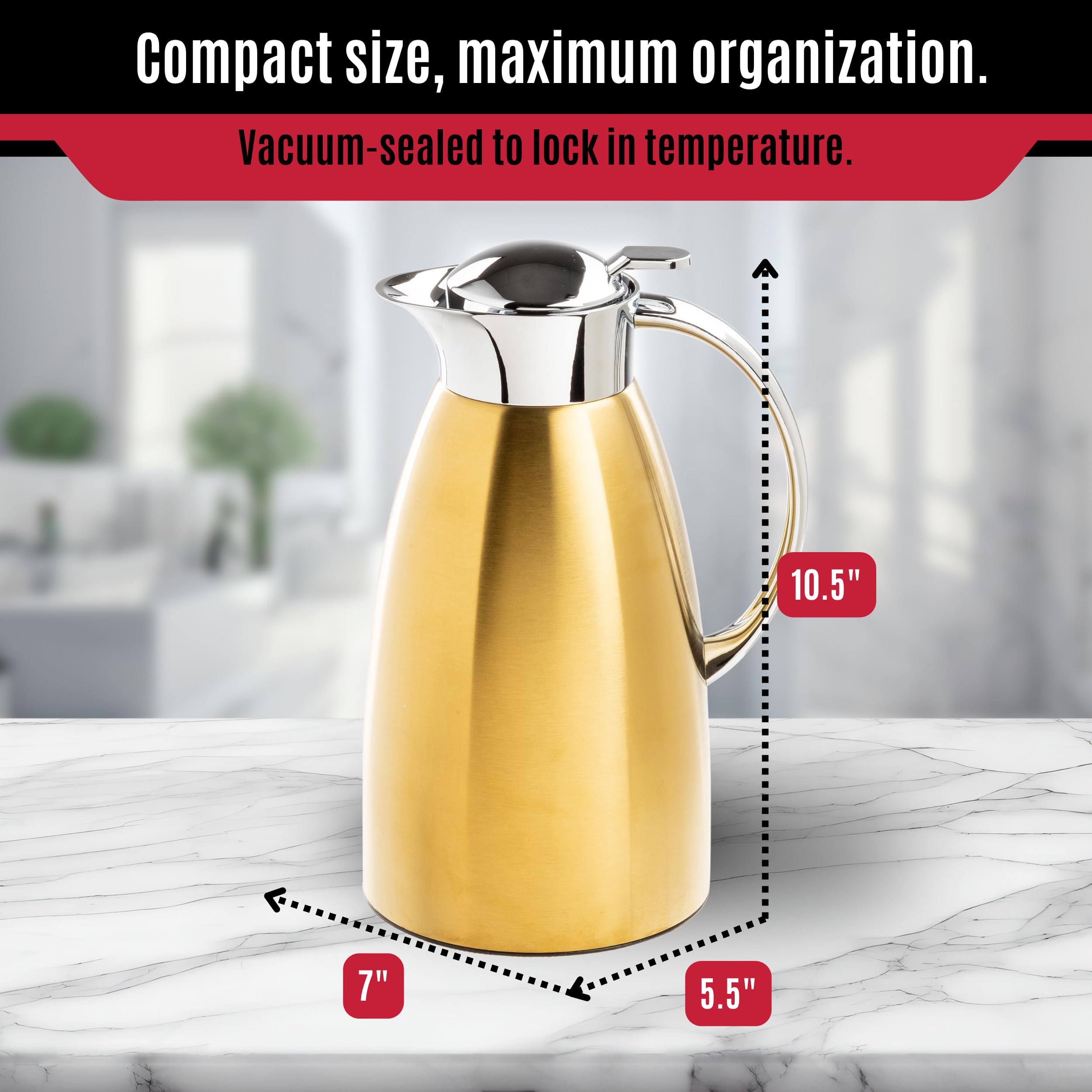 TableCraft 12679 - Jarra de café de acero inoxidable cepillado con acabado PVD dorado, aislado al vacío, dispensador de café ligero a prueba de fugas, para cafeterías, restaurantes y catering