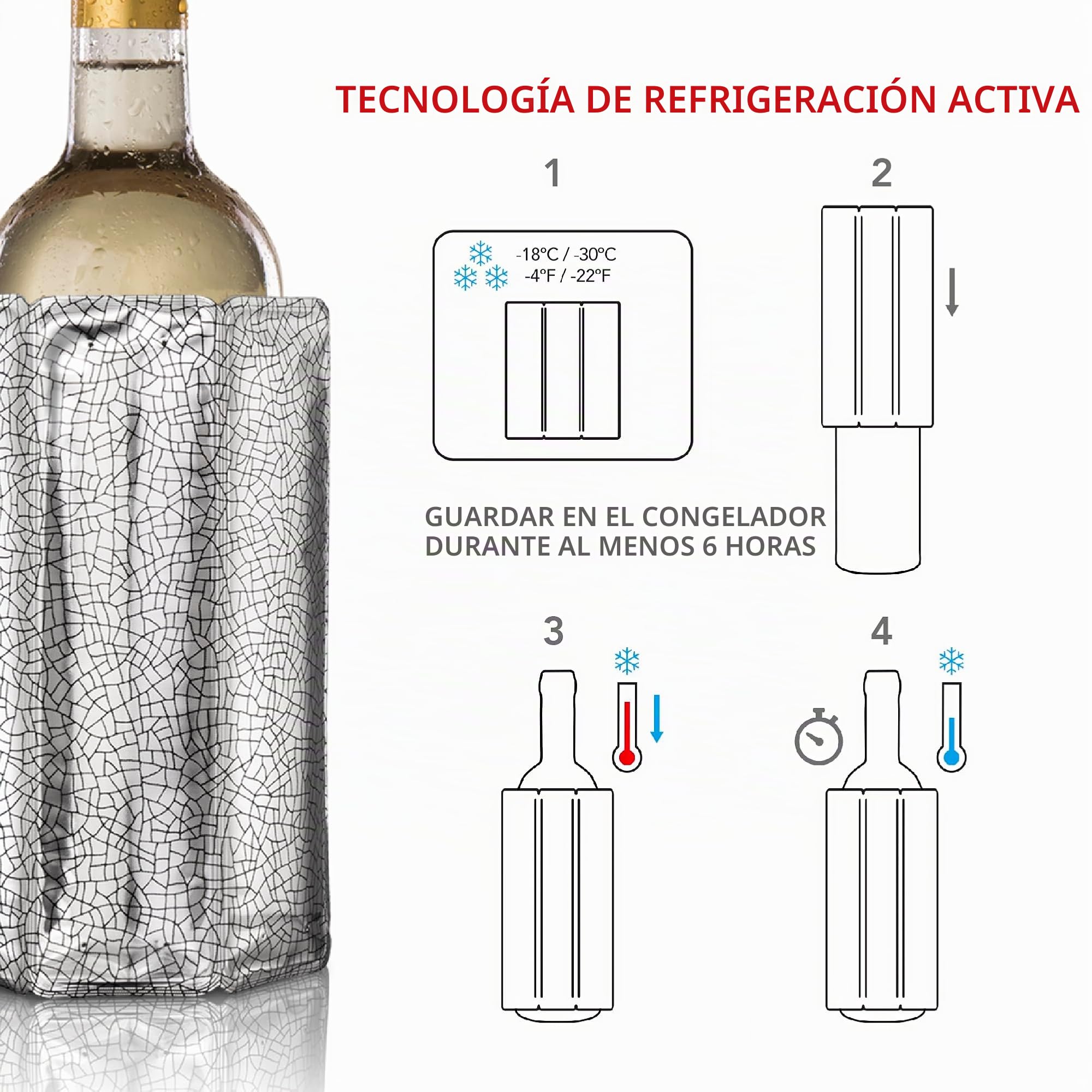 Vacu Vin Enfriador de Vino Flexible - Funda Reutilizable en Color Plata para Enfriamiento Rápido de Botellas de Tamaño Estándar
