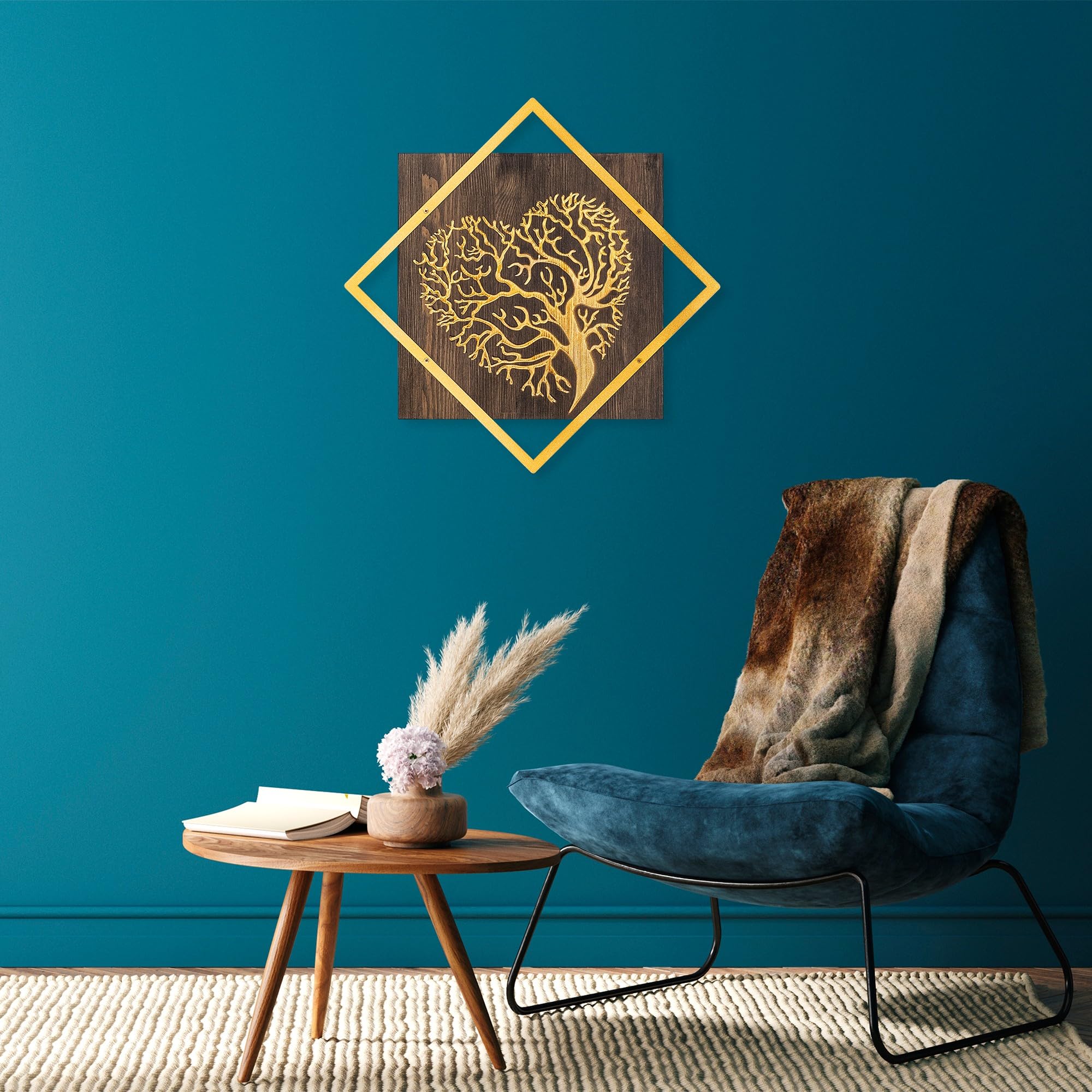 Elegant Decorative Wooden Wall Accessory, 54 x 54 cm, Walnut & Gold, 50% Wood (3 cm) & 50% Metal (1.5 mm), Wall Mountable, Unique Texture Variations