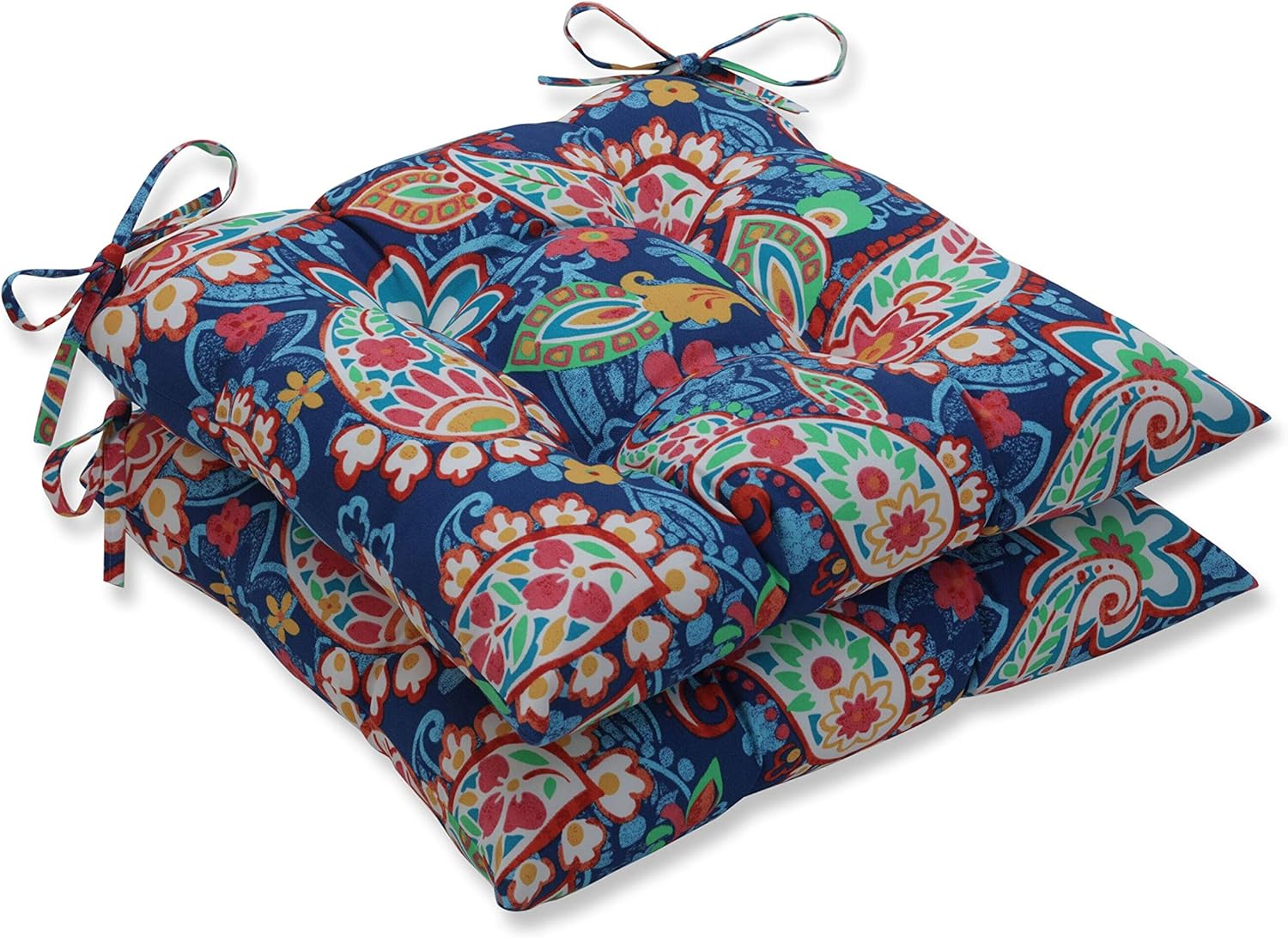 Pillow Perfect Paisley Indoor/Outdoor Chair Seat Cushion with Ties, Tufted, Weather, and Fade Resistant, 18.5