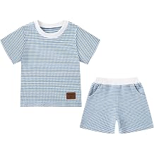 YALLET Toddler Baby Boy Clothes Cute Striped Outfit 3 Months-3 Years | T-Shirt with Leather Tag, Cotton Blend, Soft, 2 Piece Short Set