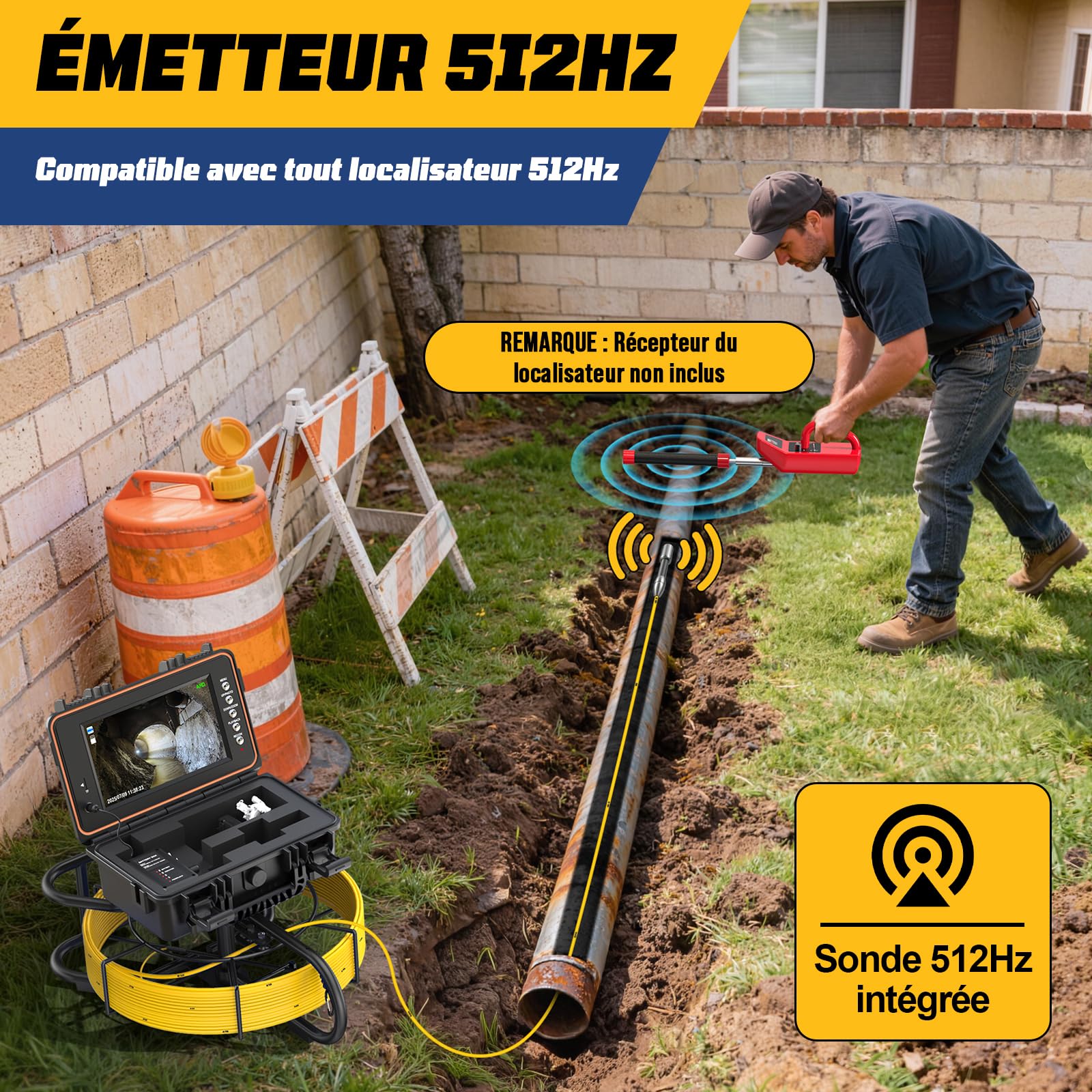 Caméra d’Inspection Canalisation, Auto-Nivelante Caméra 1080P et Émetteur 512Hz, Câble Renforcé 7MM avec Repères Métriques, Écran IPS HD 9 Pouces, DVR 32 Go, Batterie 5100 mAh, IP68 (30M)