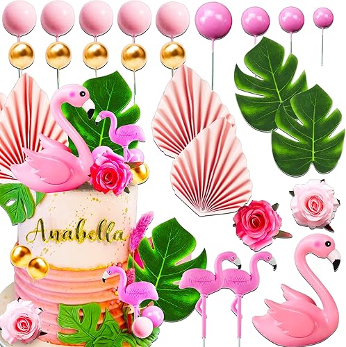 JeVenis Decoración de pastel de flamenco, hojas de palma, decoración de tartas de bolas doradas y rosadas, decoración de tartas, decoración de
