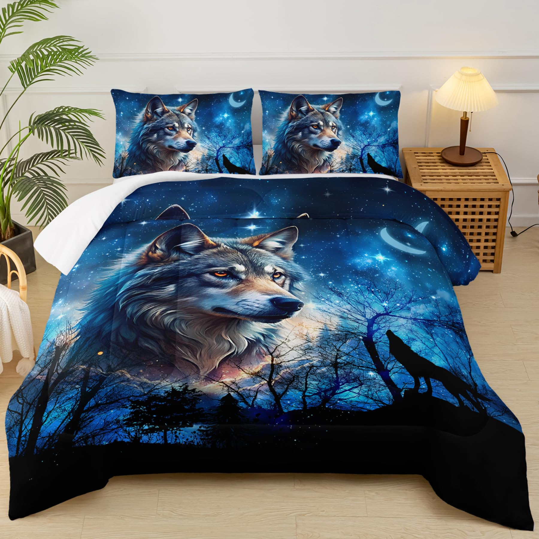 Wolf Comforter Set Full for Boys Girls,Wolf Night Moon Galaxy Bed Set,Woodland Wild Animals Theme Comforter Set with 2 Pillowcase,Rustic Blue Black Bedding Set for Bedroom Decor