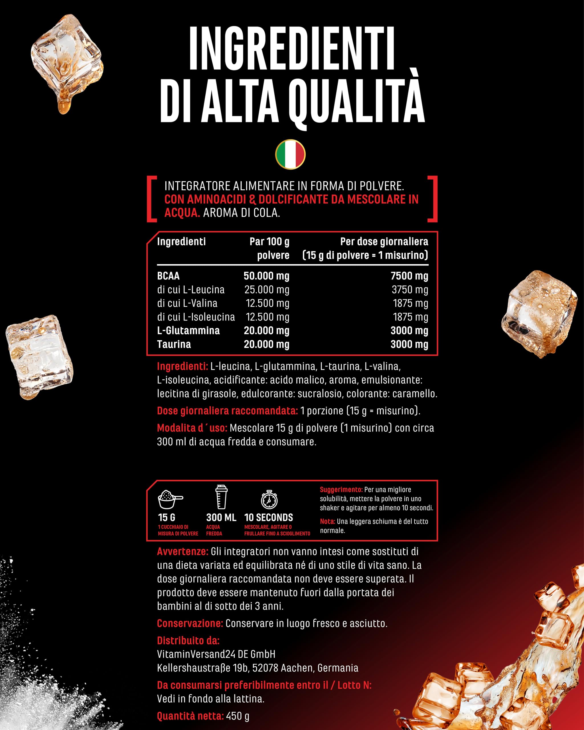 Advanced BCAA in Polvere 450 g - Aminoacidi 2:1:1 con L-glutammina e taurina - BCAA istantanei, ottima solubilità e gusto - Vegano - 30 porzioni (Cola)