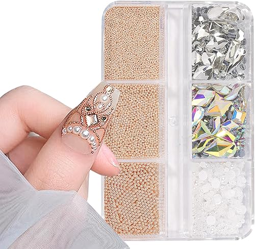 Dijes 3D para arte de uñas, oro rosa, cuentas de micro caviar, diamantes de imitación para uñas acrílicas, tamaño mixto, diamantes de imitación AB