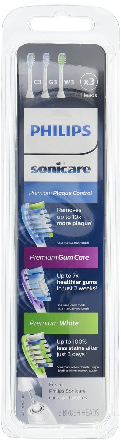 Crazy Deals Philips Sonicare Genuine Replacement Toothbrush Heads Variety Pack, C3 Premium Plaque Control, G3 Premium Gum Care & W3 Premium White, 3 Brush Heads, White, HX9073/65