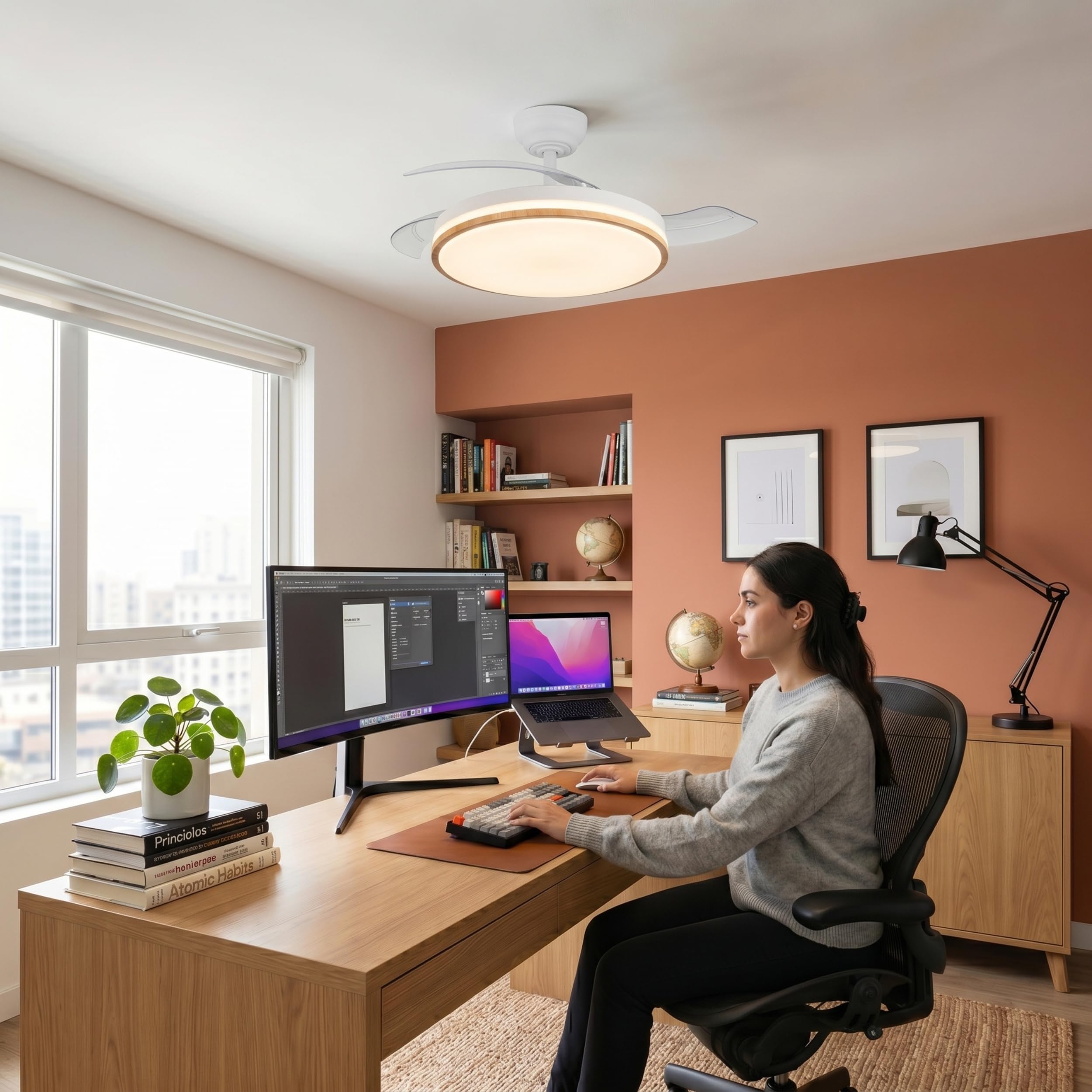 YATEK Rubia Ventilatore da Soffitto con Luce LED 60W, Bianco e Effetto Faggio, 6980 Lumen, Motore DC Silenzioso, Pale Retrattile, 6 velocità, Telecomando, Illuminazione Dimmerabile, Funzione Estata