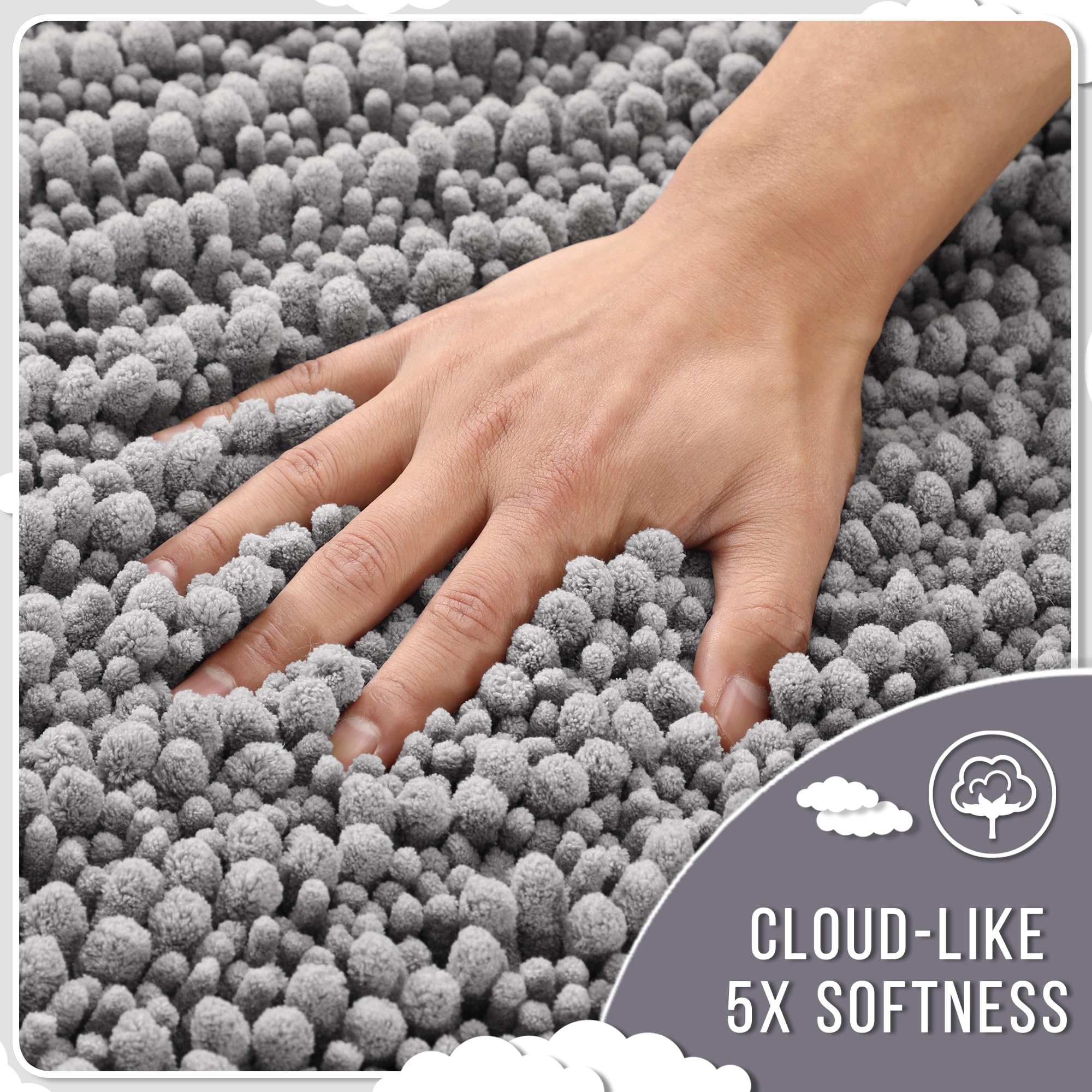 Yimobra Original Luxury Shaggy Bath Mat, 24 x 17 Inches, Soft and Cozy, Super Absorbent Water, Non-Slip, Machine-Washable, Thick Modern for Bathroom Bedroom, Gray