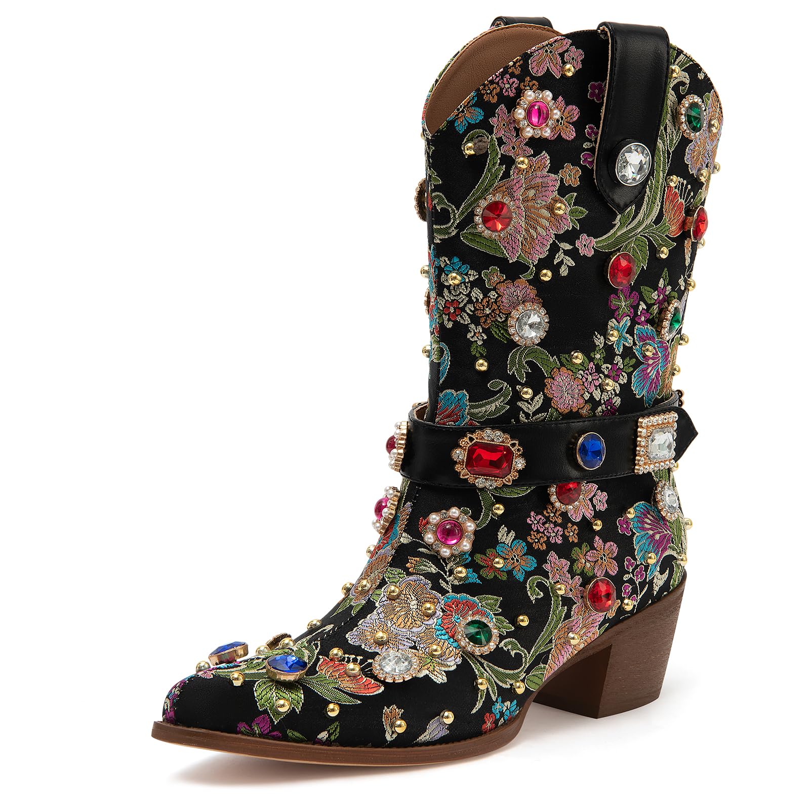 Womens Cowboy Boots Rhinestone Sparkly Cowgirl Embroidered Floral Mid Calf Chunky heels Booties