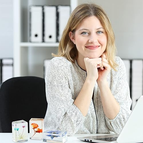 Miniatura 7 de 6 piezas de flores prensadas de pisapapeles en resina colección de muestras para escritorio, muestras de flores reales, pesos de papel, cubo