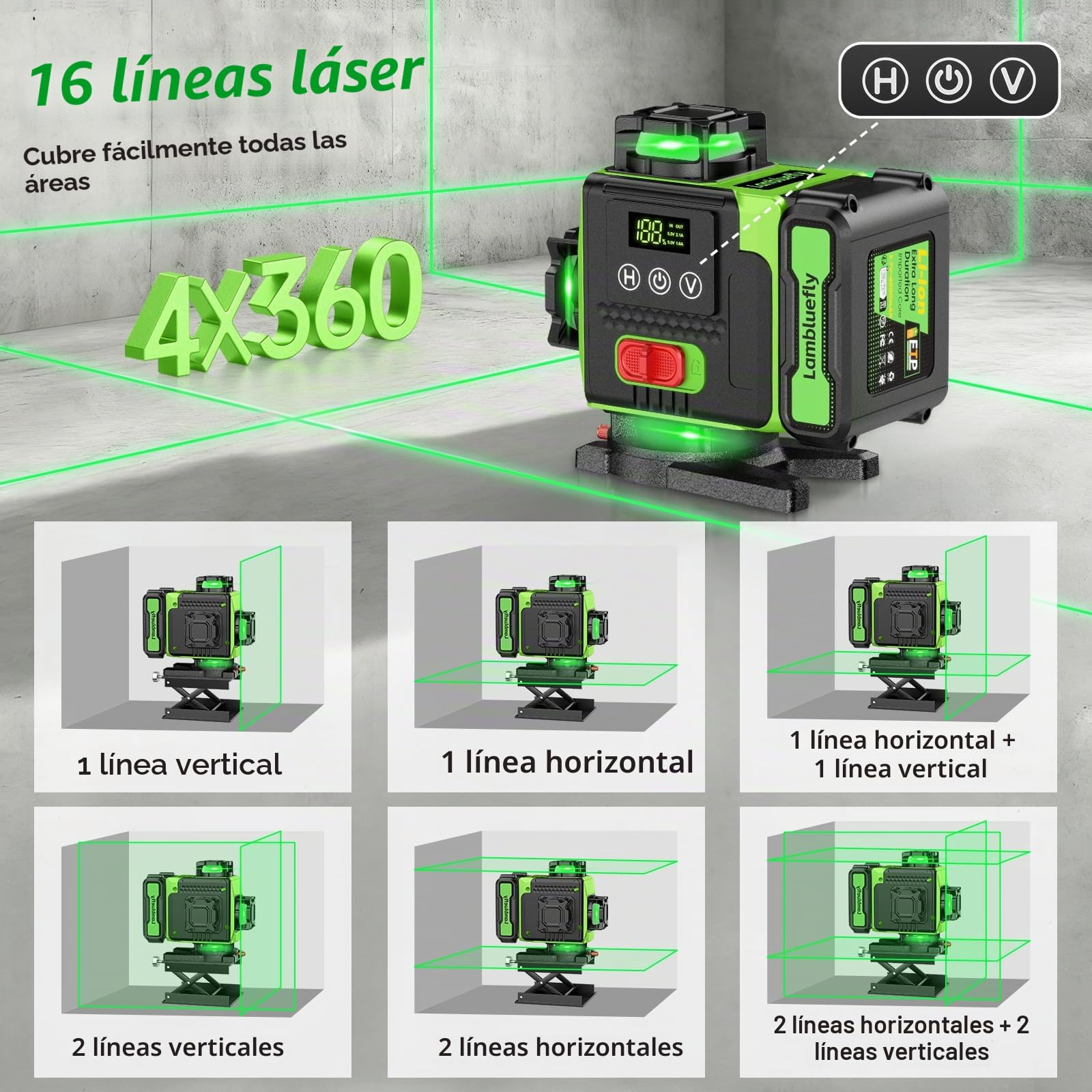 Nivel Laser con Tripode,Nivel Laser Autonivelante 360 Grados con 2x4800mAh Batería & Indicador LED,Nivelador Laser 4 x 360 °, 4D 16 Líneas Laser Verde/APP/Control Remoto/IP54 Resistente