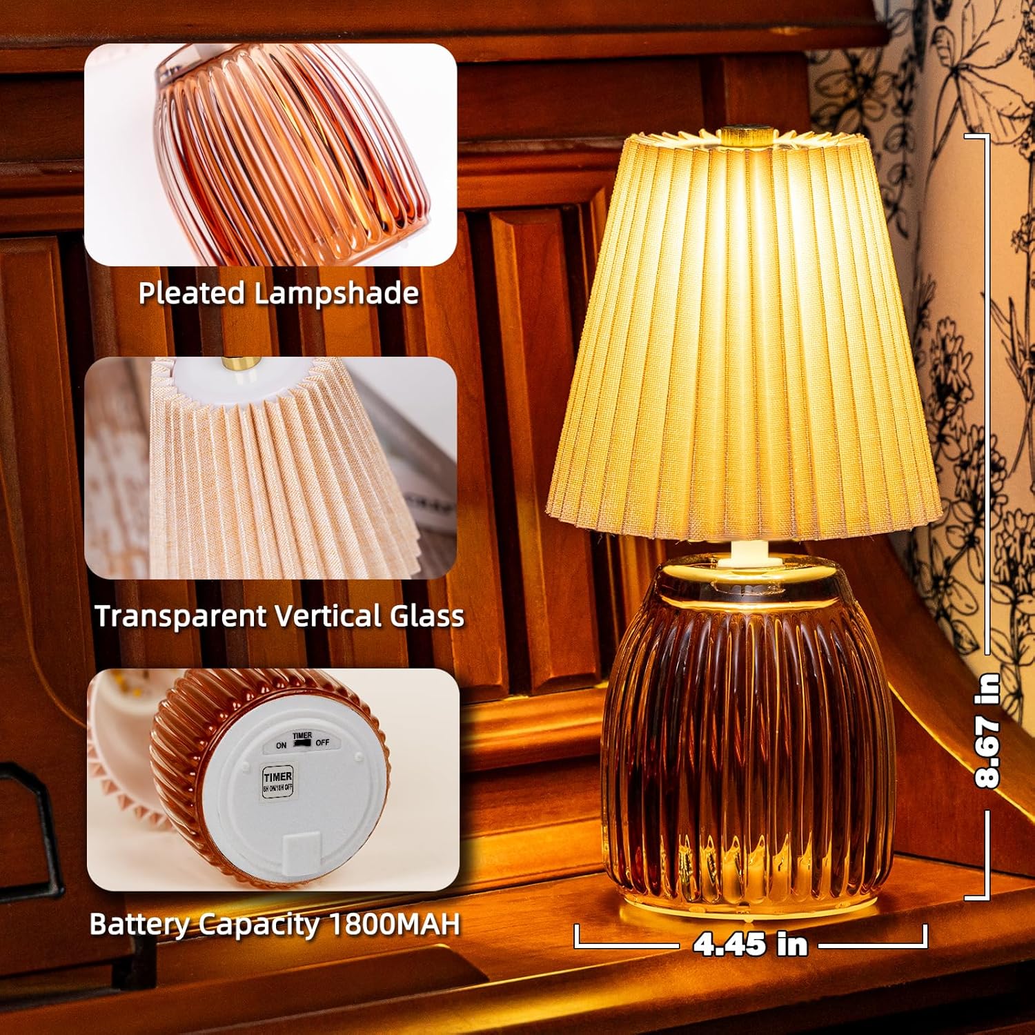 MJ PREMIER Rechargeable Cordless Table Lamp, Small Battery Powered LED Lamp with Timer, Pleated Fabric Glass Base Night Light for Bedroom Living Room Patio, Gift for Mom Beige