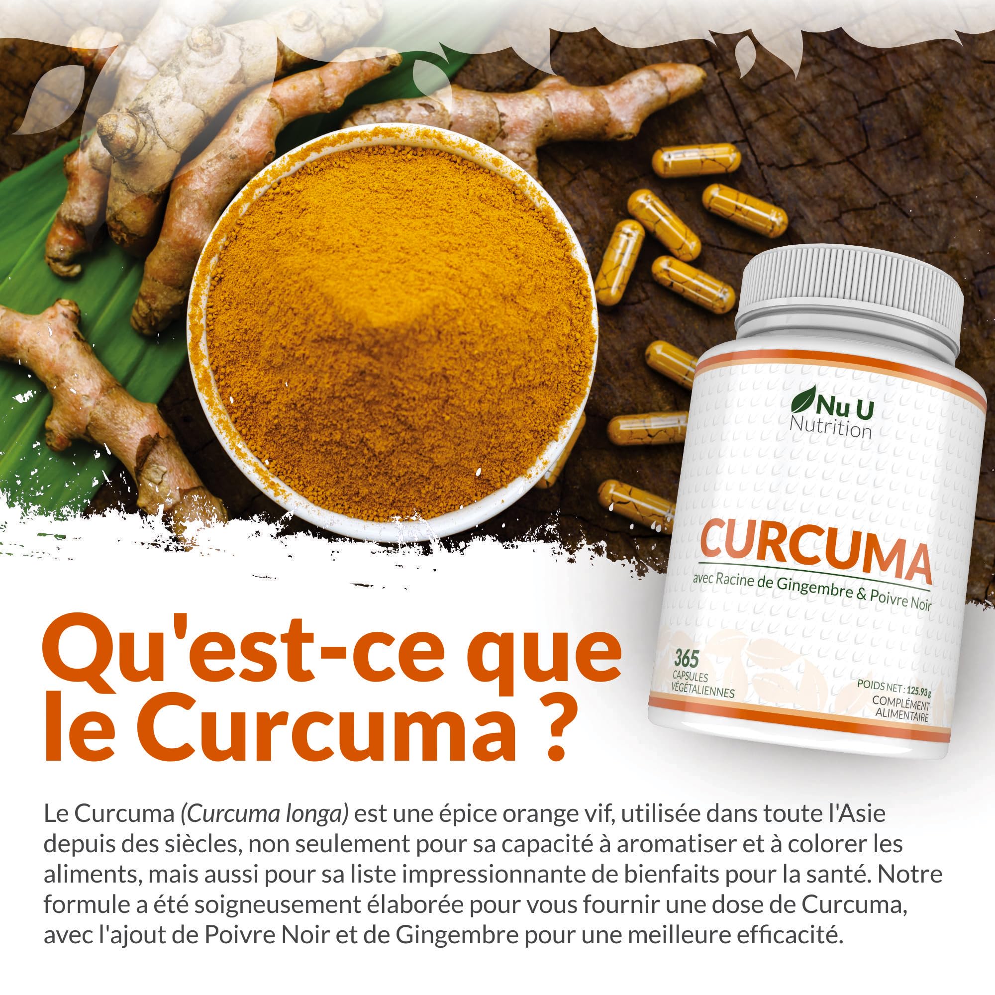 Curcuma Gingembre et Poivre Noir - 365 Gélules Vegan (1 An) - 95% de Curcumine - 720mg de Curcuma par Gélule de Haute Absorption - Fabriqué en Europe - Nu U Nutrition