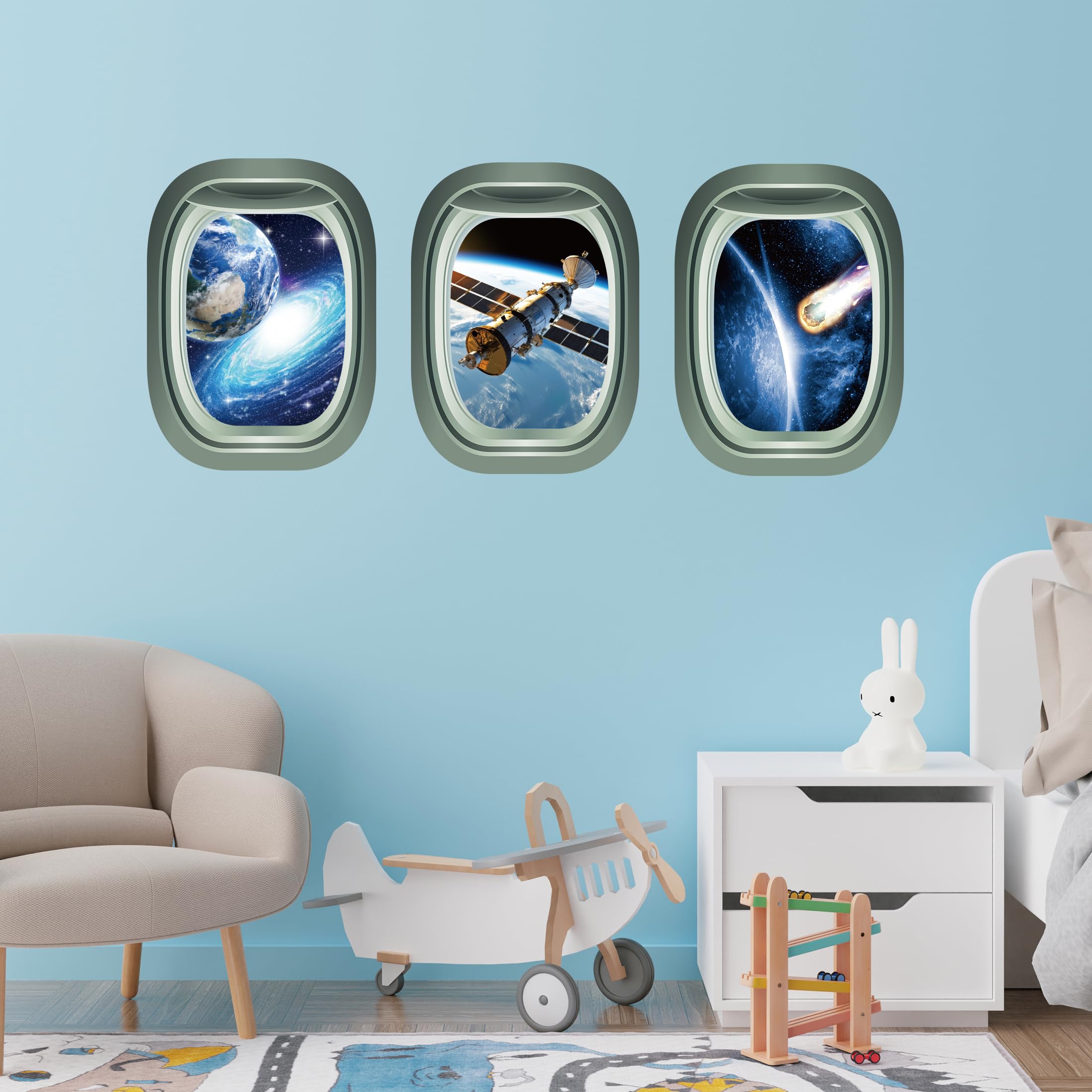 Calcomanías de pared 3D de galaxia que brillan en la oscuridad, juego de 3 calcomanías de planeta cápsula, calcomanías falsas de estrella para ventana, calcomanía de pared para habitación de