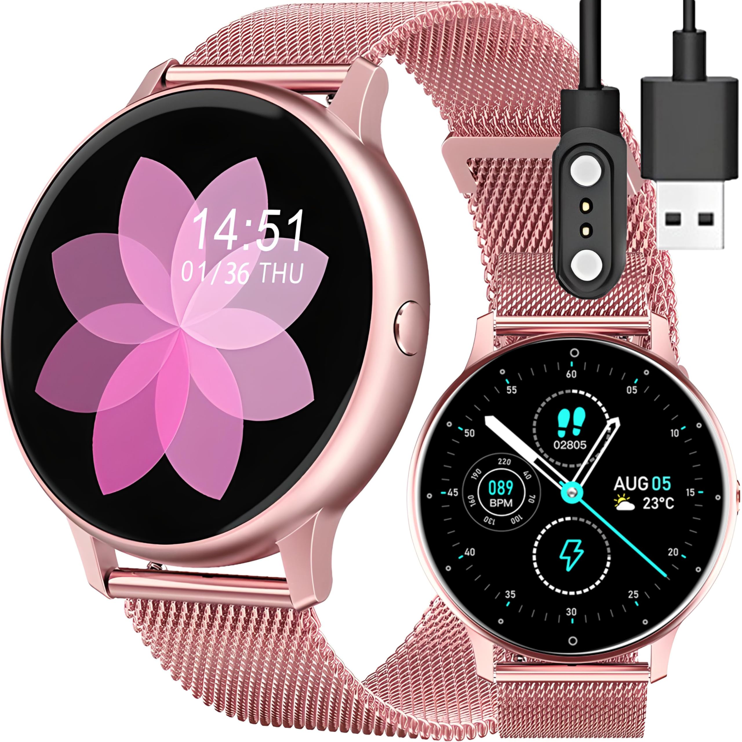 Retoo Smartwatch z dotykowym ekranem 1,54" Funkcja telefonu Zegarek sportowy z systemem Android Powiadomienia o połączeniach Urządzenie Śledzące Bluetooth Licznik kroków dla Kobiet i Mężczyzn Różowy