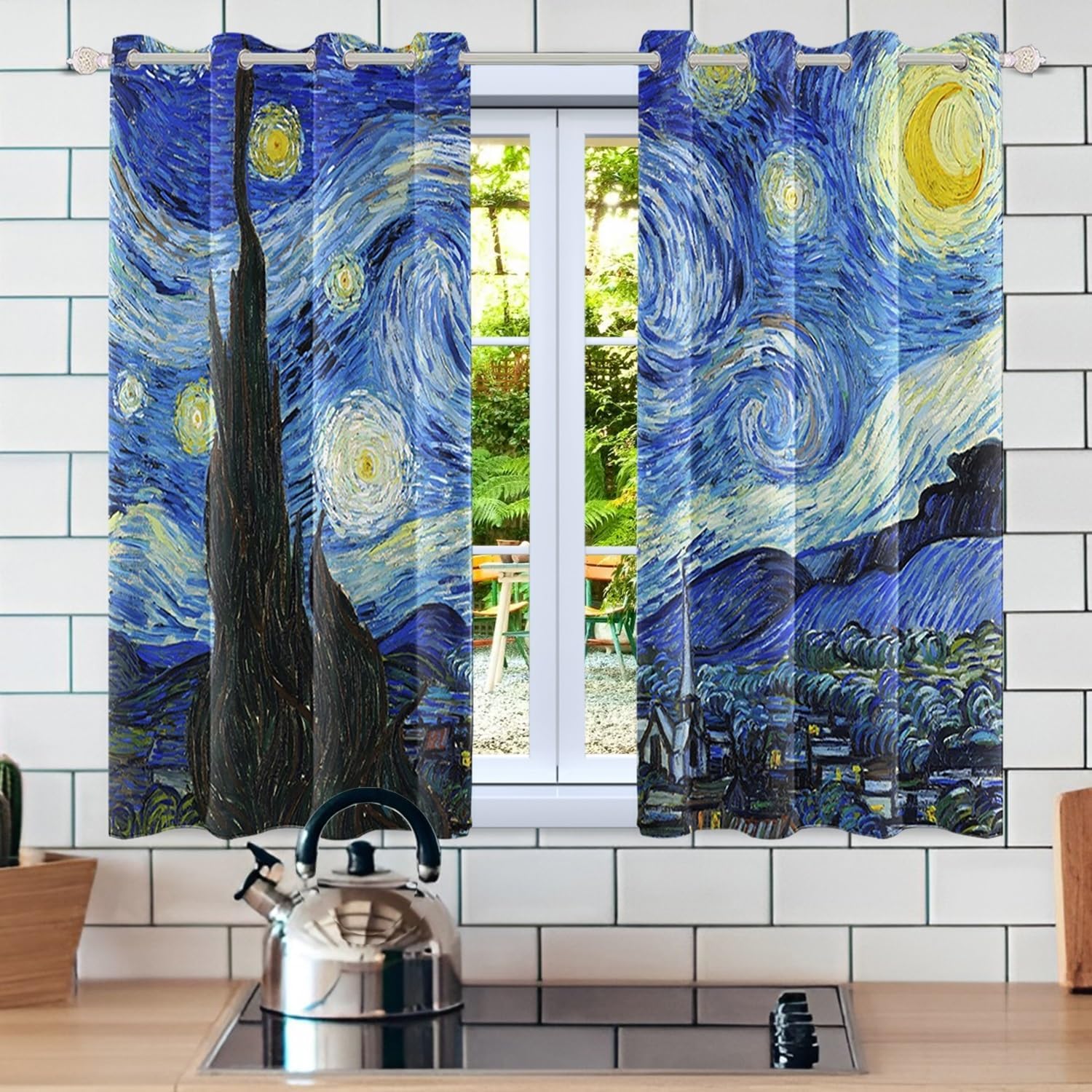 Short Blackout Curtains for Van Gogh Starry Night 45inches Long for Bedroom Living Room Kitchen Window Curtains Thermal Insulated Noise Reducing Drapes 21x45 inches 2 Panels Set