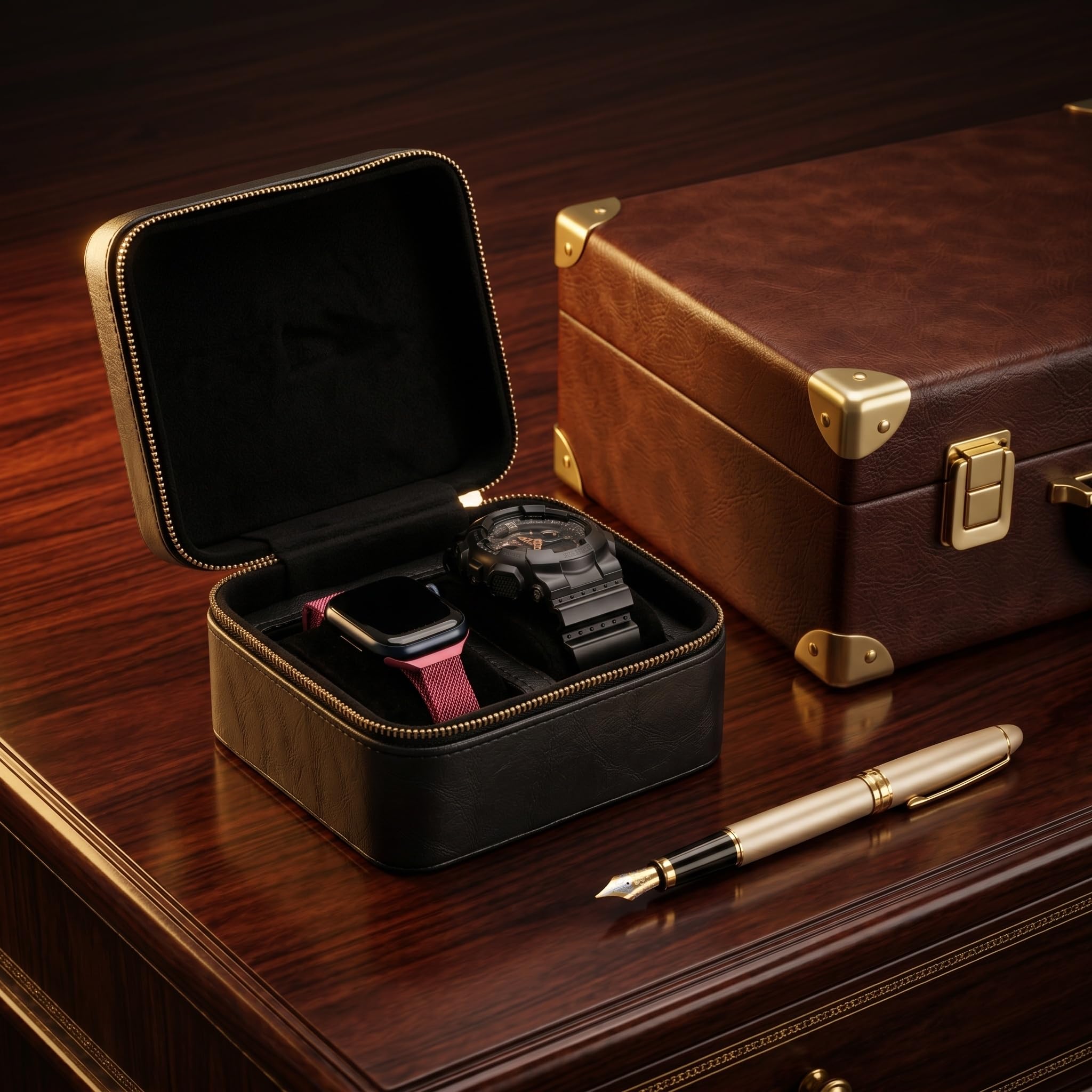 Fundas organizadoras de relojes de viaje, piel sintética compacta con cremallera, interior de microgamuza suave, paquete de 2 para hombres y mujeres, ideal para guardar relojes de pulsera en viajes