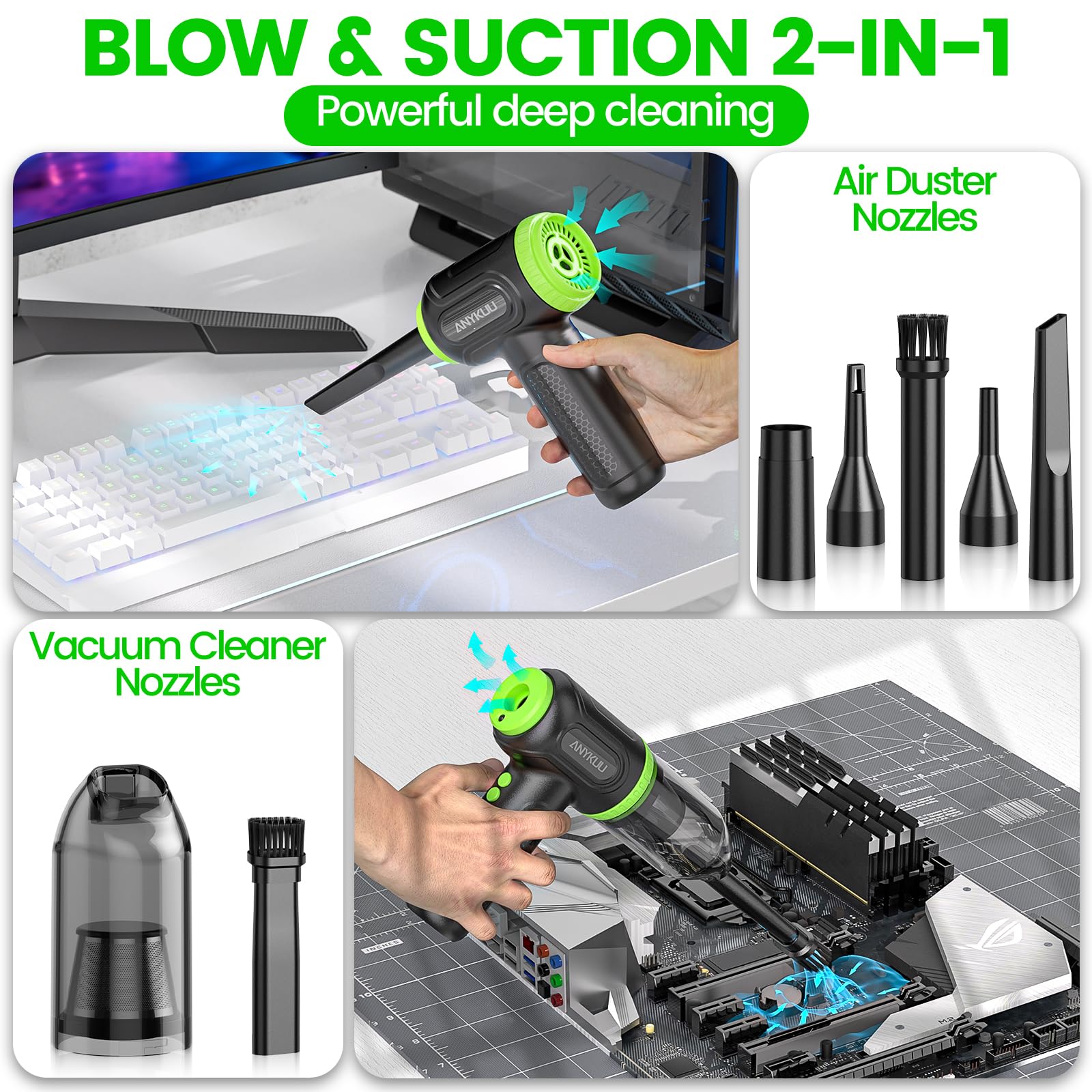 Anykuu Elektrische Staubgebläse 2-in-1 Blasen & Saugen 91000RPM & 12KPA PC Staubgebläse Tiefenreinigung USB Schnellladung mit 7600mah Akku Air Duster für Bürogeräte Auto Sofa Schwimmring BBQ | Blasen und Saugen, 7600mAh Akku, USB-Schnellladung, für PC, Bü