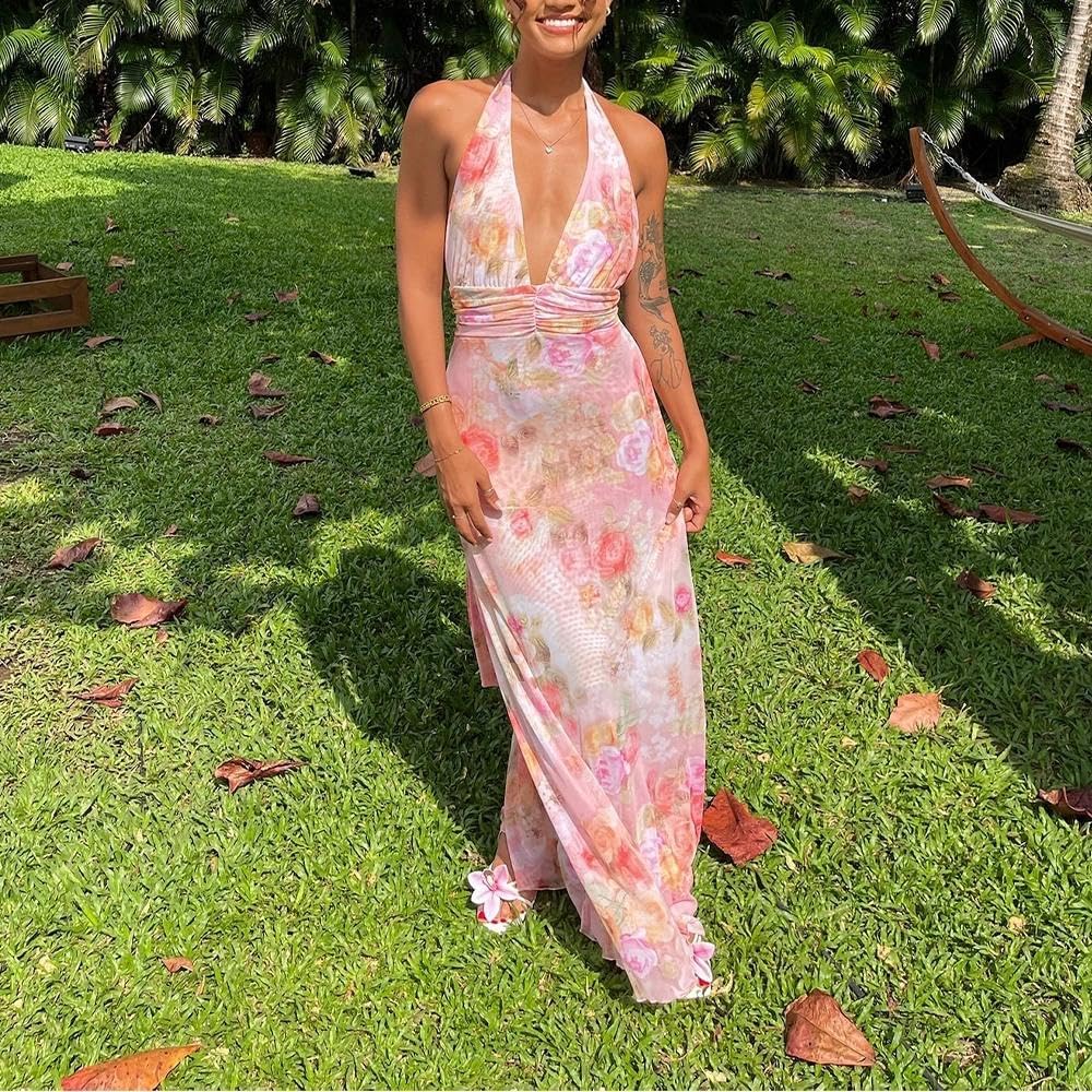 Women Halter Backless Dress Deep V Neck Open Back Mesh Maxi Dress Beach Vacation Wedding Guest