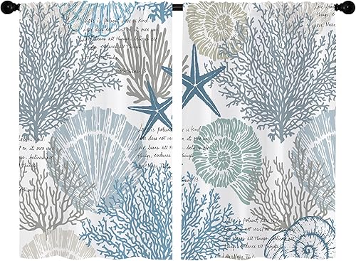 Miniatura 4 de Opeoddie Cortinas náuticas de cocina de playa, cortinas de baño costeras con diseño de mar y conchas marinas, cortinas pequeñas para cafetería,