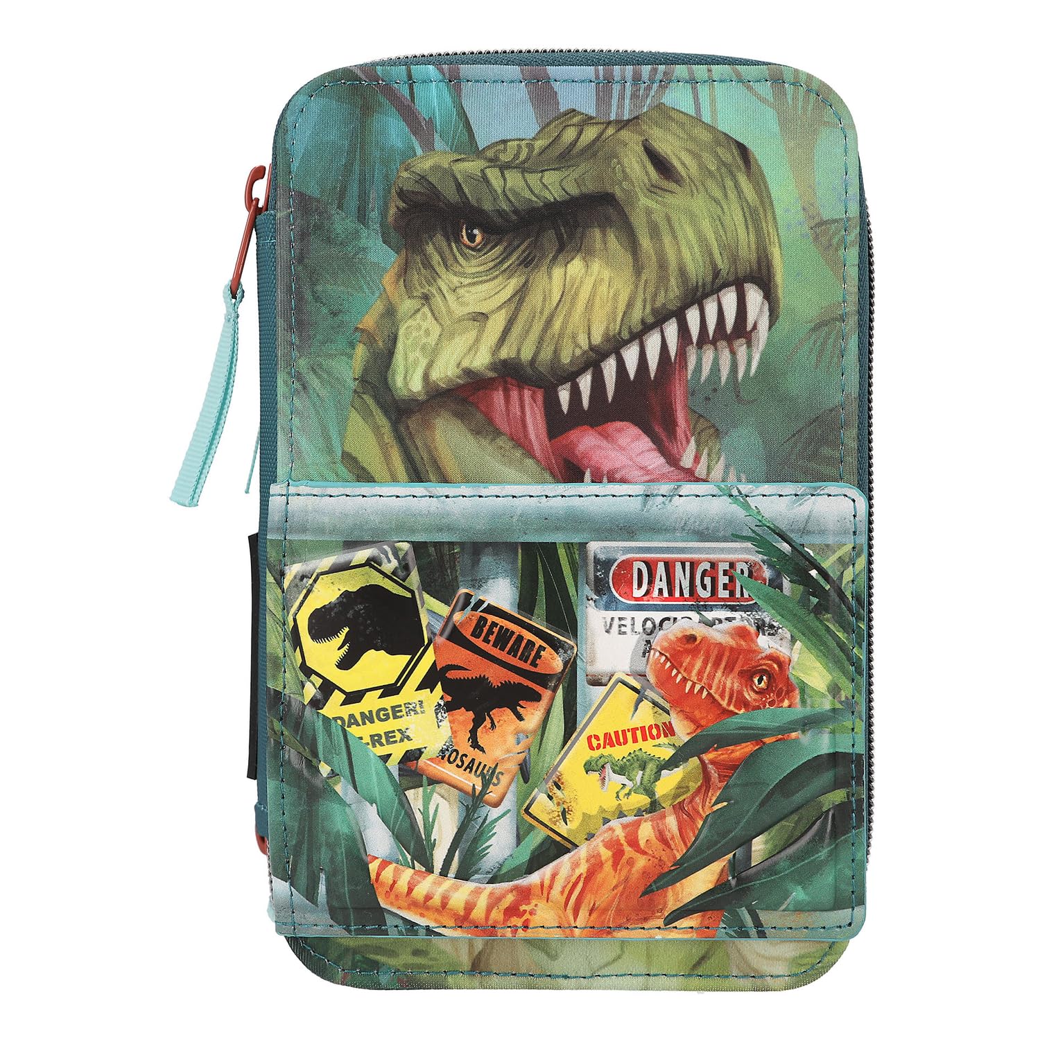 Depesche 11757 Dino World Danger - Astuccio a 3 Scomparti con Motivo Trex, Colore: Verde Scuro con matite Colorate, Righello, Forbici, UVM, Blu [Toy]