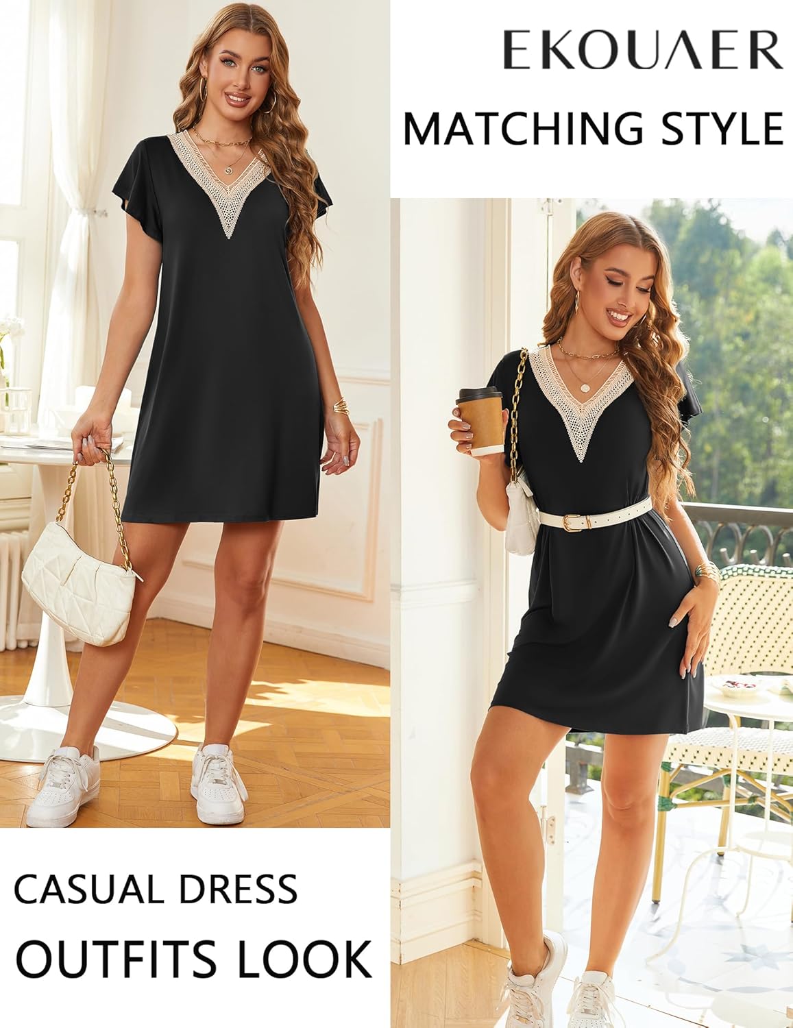 Ekouaer Nightgowns for Women Flare Short Sleeve Sleepshirt Guipure Lace V Neck Sleepwear Soft Pj Dress Night Shirt S-3XL - Image 5