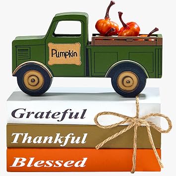 OLANRUN Thanksgiving Decorations, 9 Pcs Handicrafts Wooden Thanksgiving Table Decor with 3 Books, 3D Truck, 5 Pumpkins for Indoor Office Home Table Centerpieces Kitchen Tiered Tray Mantel
