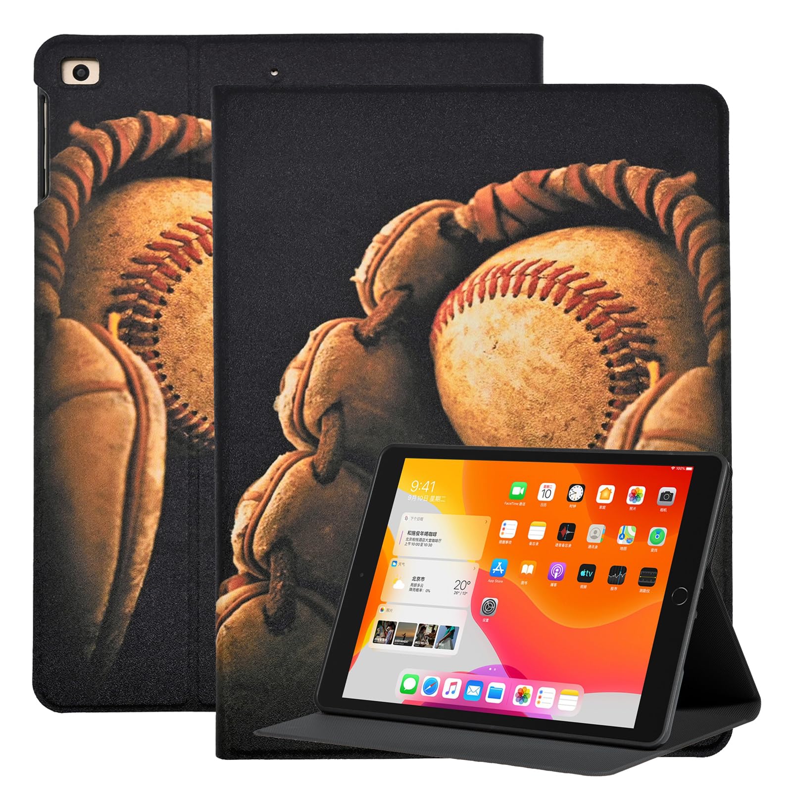 Case for iPad 7th, 8th & 9th Generation (10.2" Display - 2019, 2020 & 2021 Version), Premium PU Leather Slim Folio Multi-Angle Stand Shockproof TPU Cover, Baseball in Glove