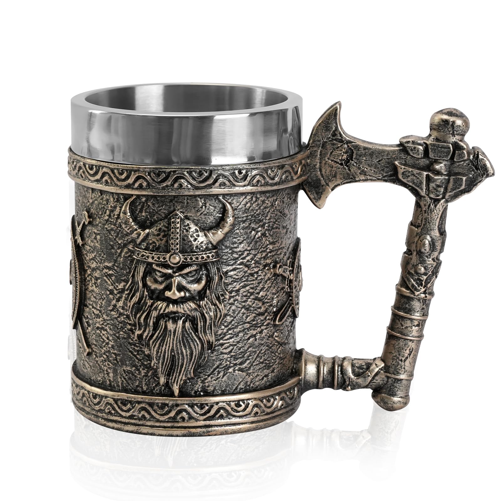 JUMRHFAN Viking Tankard 600 Ml Beer Mug with Handles Stainless Steel Mug Viking Gifts for Men Suitable for Party,Birthday, Father‘Day and Festivals (Style-3)
