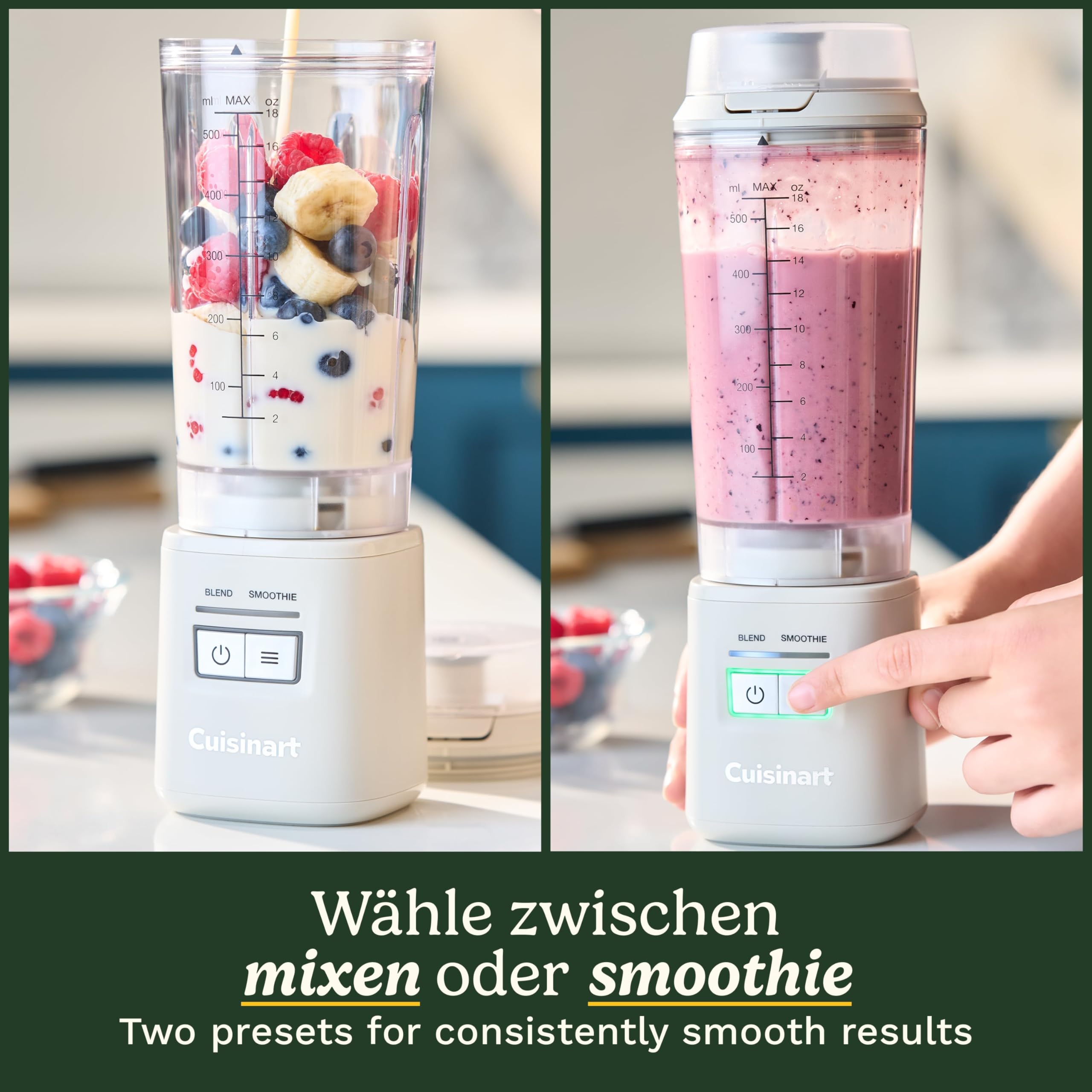 Cuisinart® Blast & Go Kabelloser Mixer | Wiederaufladbar per USB-C | 500 ml BPA-freier Reisebecher | 20.000 U/min Motor | 2 Programme: Mixen & Smoothie | Smoothies, Proteinshakes, Eis crushen, Milchsh