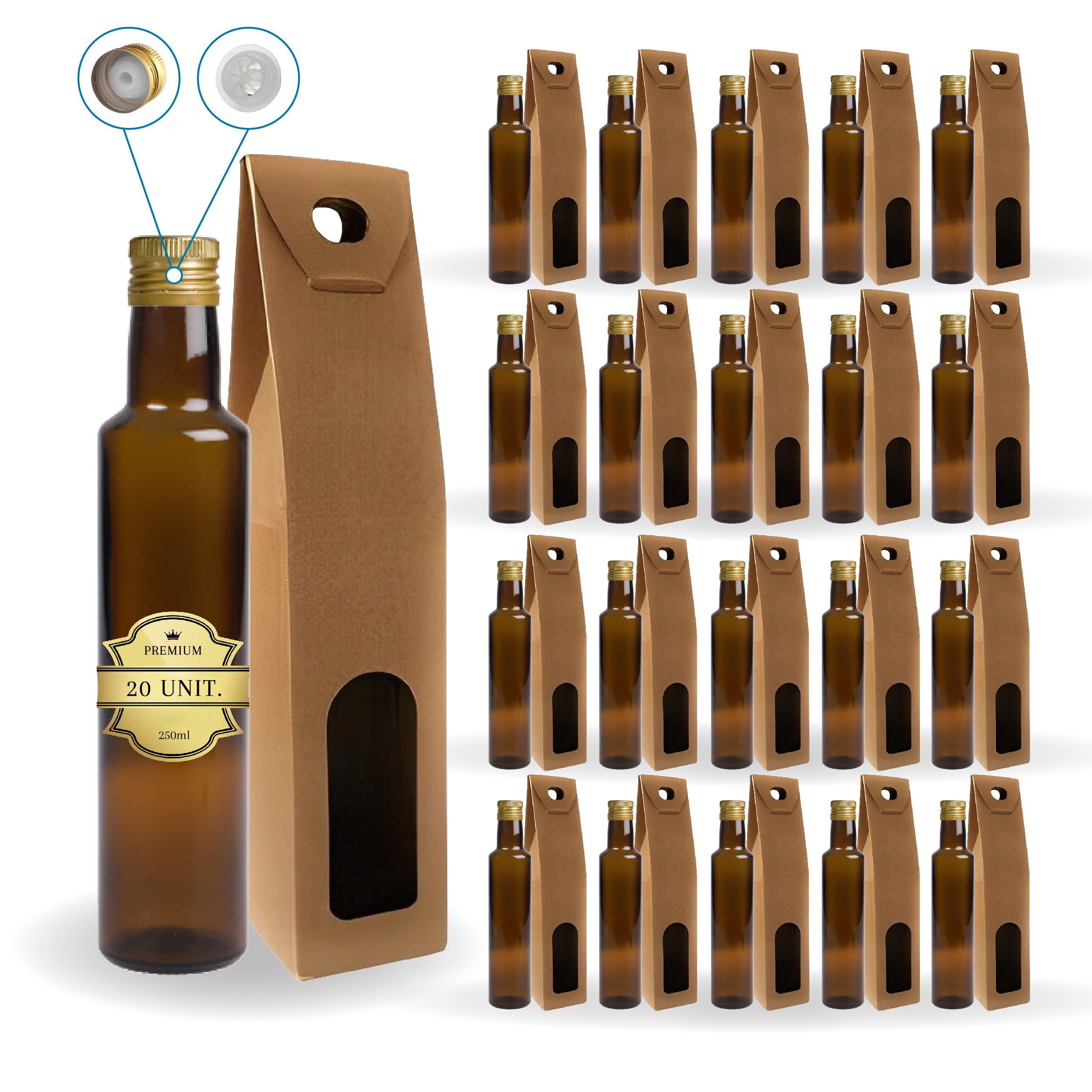 Espirito Rebelde 20 Flaschen aus dunklem Glas, 250 ml, mit goldfarbenem Schraubverschluss mit Ausgießer + 20 Dosen | Olivenöl, Essig, Alkohol, Saucen | Ölflasche