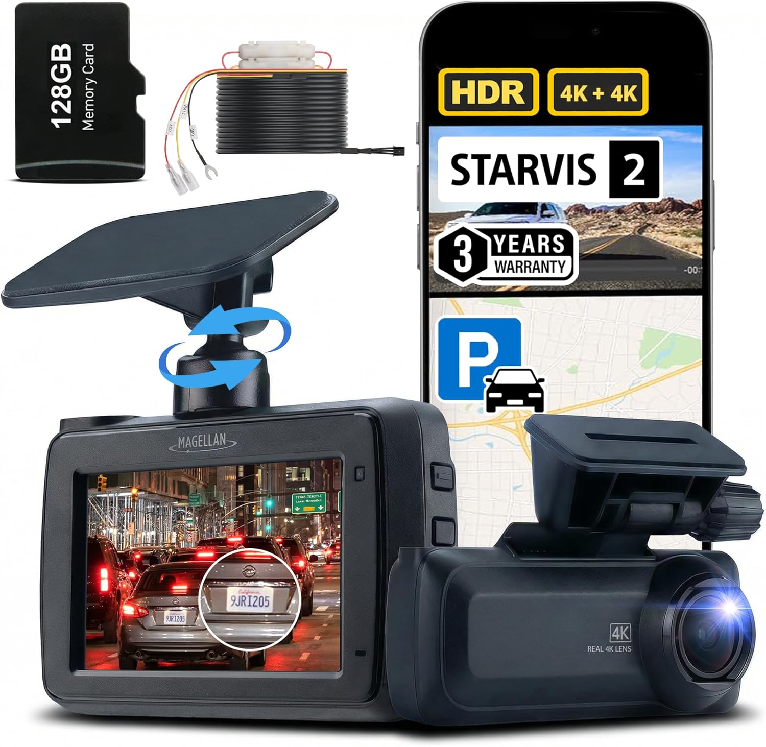 Magellan Dash Cam Front and Rear, 4K+4K Dual Dash Camera for Cars, STARVIS 2 Night Vision, Free 24H Parking Mode Hardwire Kit, Built-in Wi-Fi, GPS, 128GB SD Card Included (DR52)