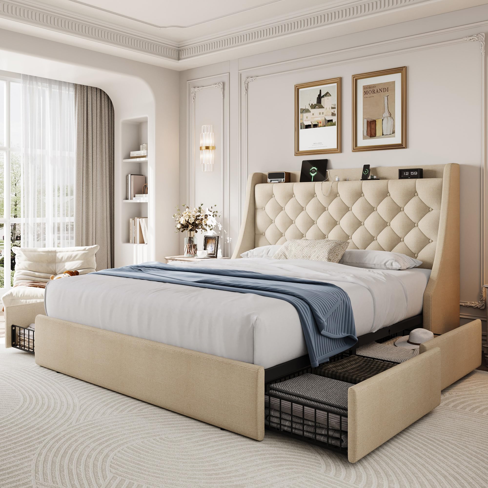 AMBERHAUS Full Size Upholstered Platform Bed Frame with 4 Storage Drawers and Charging Station, Linen Button Tufted Wingback Headboard, Sturdy Wooden