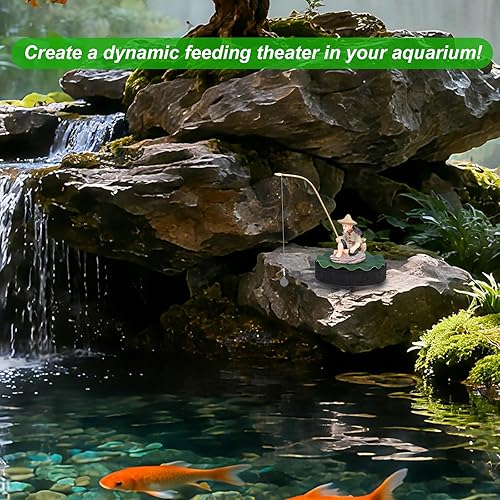 Miniatura 4 de Decoración flotante para pecera, figura de acuario de pescador con base de hoja de loto y caña de pescar divertido alimentador de peces estatua de