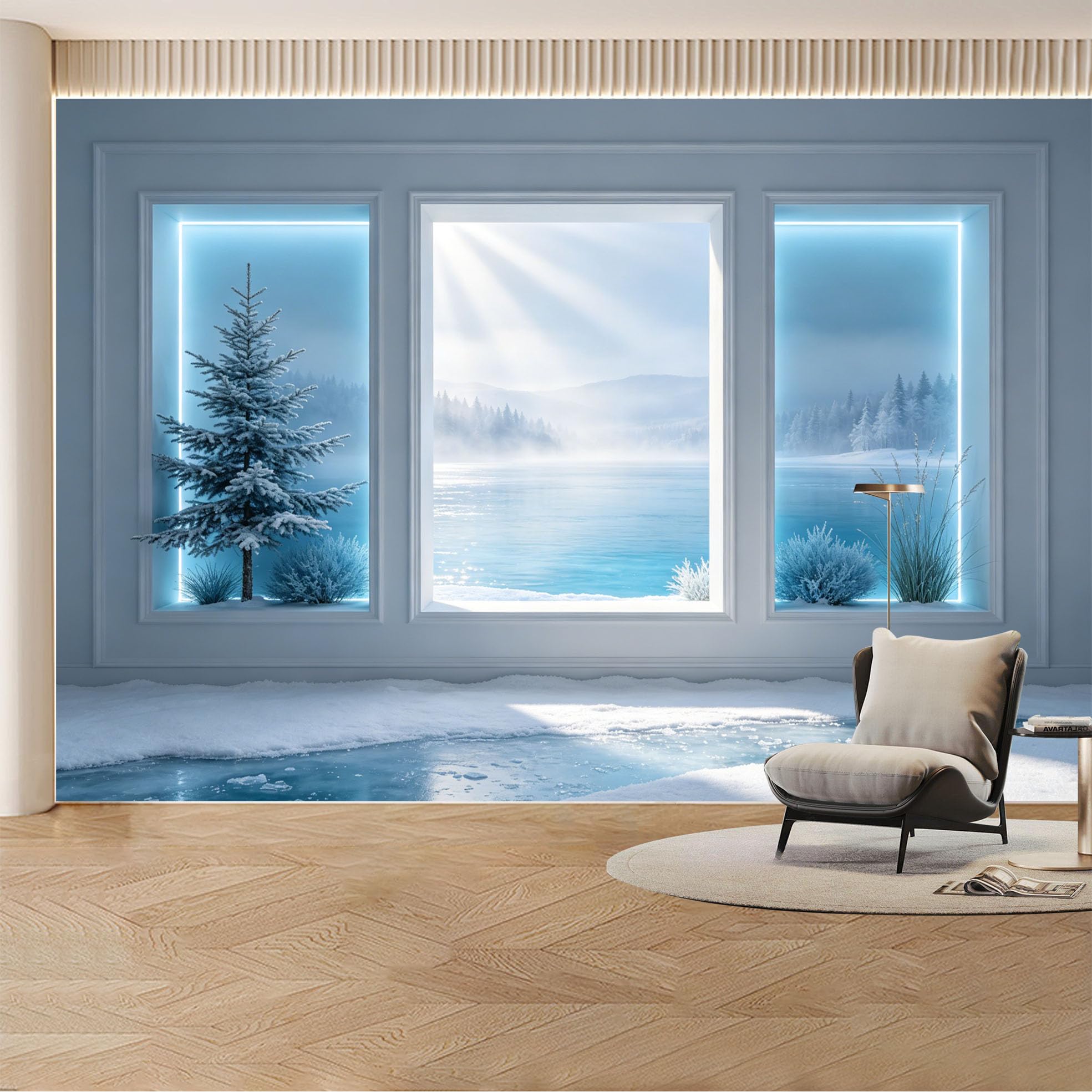 Custom Wall Mural Wallpaper Winter Lake Snowy Forest Landscape Nature Large Wall Art Mural Design Nordic Misty Removable SelfAdhesive Large Photo for Living Room， Bedroom， Office