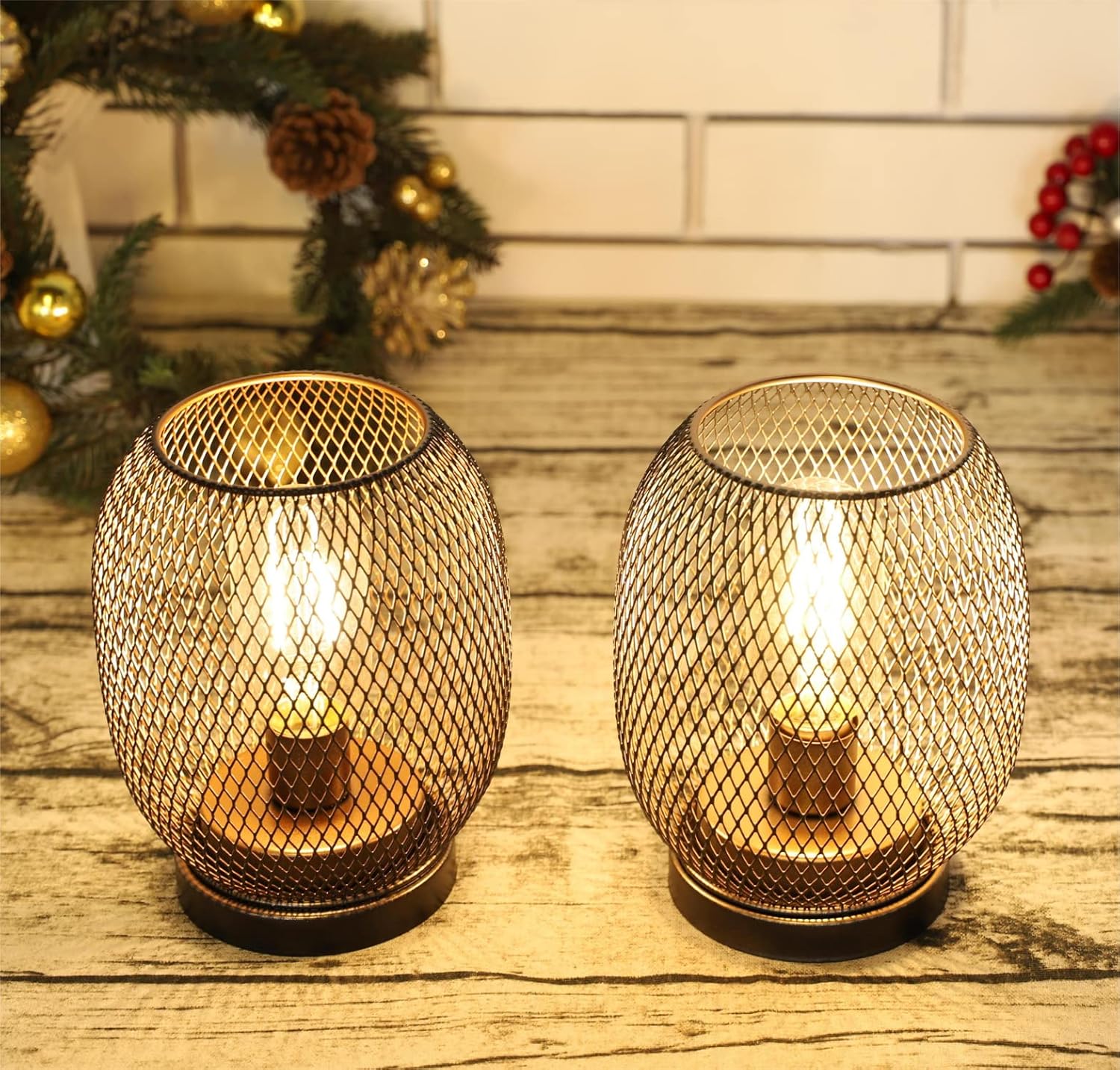 JHY DESIGN Set of 2 Metal Cage LED Lantern Battery Powered,Cordless Accent Light with LED.Great for Weddings,Parties,Patio,Events for Indoors Outdoors（Round Shape